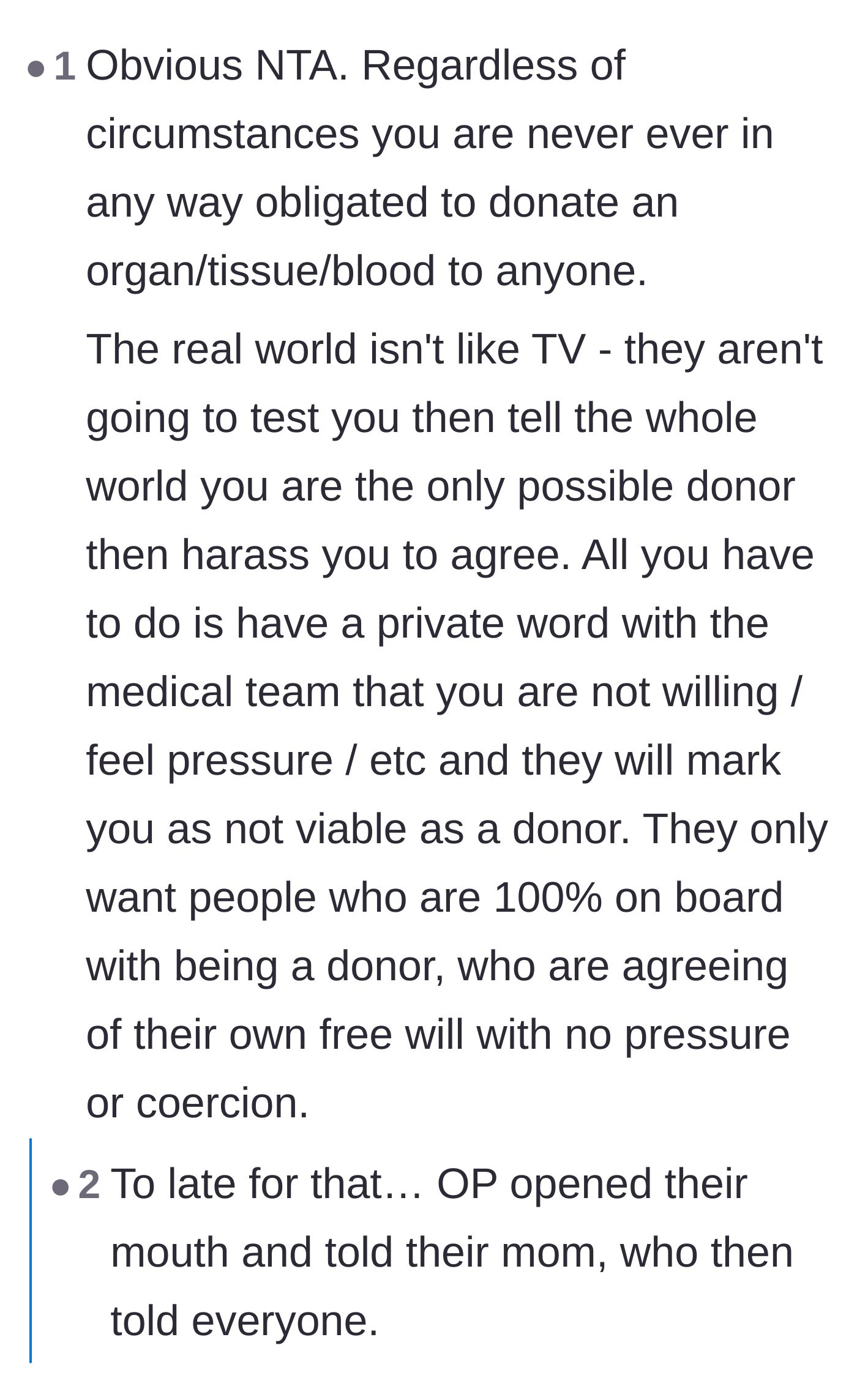 Comment thread 6 - Reassurance that the son is not obligated to donate, coupled with regret that he can't undo sharing the news with his family.