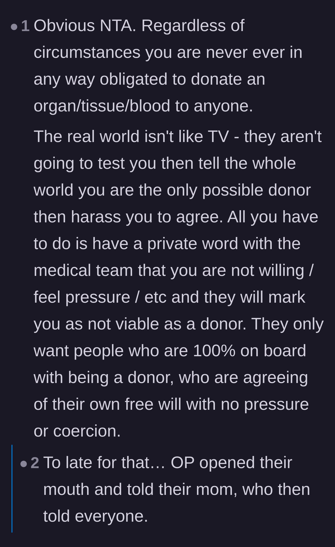 Comment thread 6 - Reassurance that the son is not obligated to donate, coupled with regret that he can't undo sharing the news with his family.