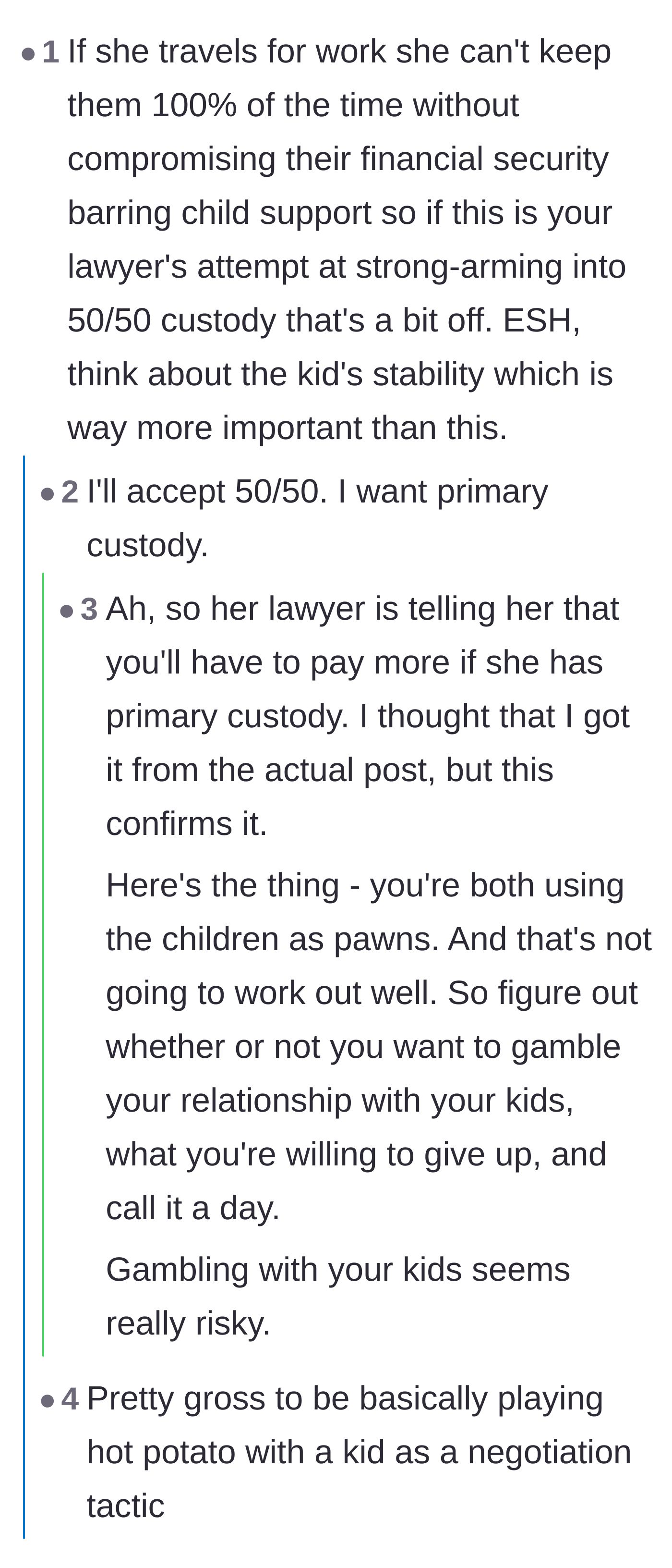 Comment thread 5 - A deep dive into the practical logistics of 50/50 custody versus primary residency when one parent travels.