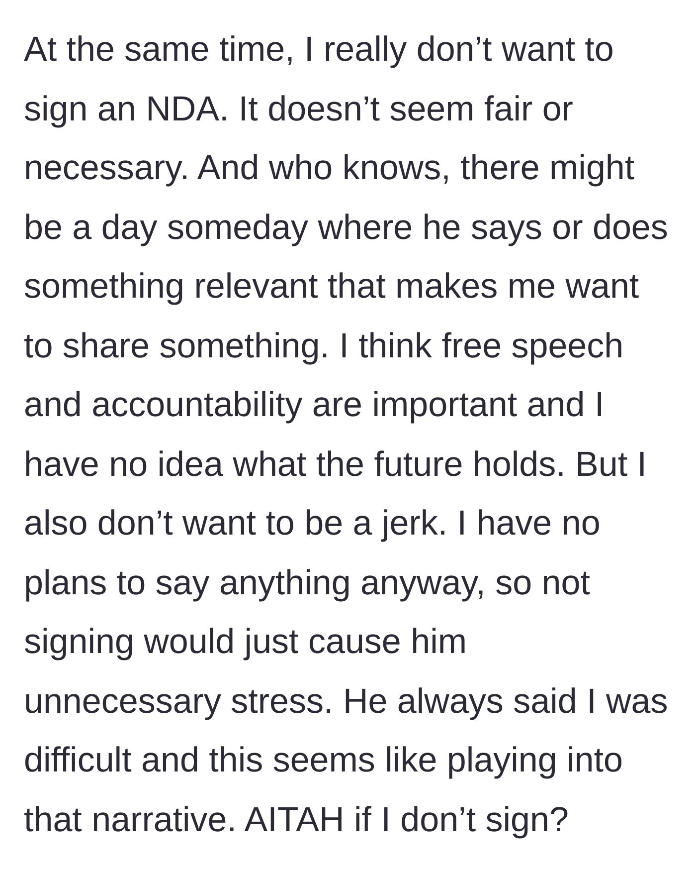 Story part 5 - The woman debates the fairness of the NDA, prioritizing her freedom of speech over making her ex comfortable.