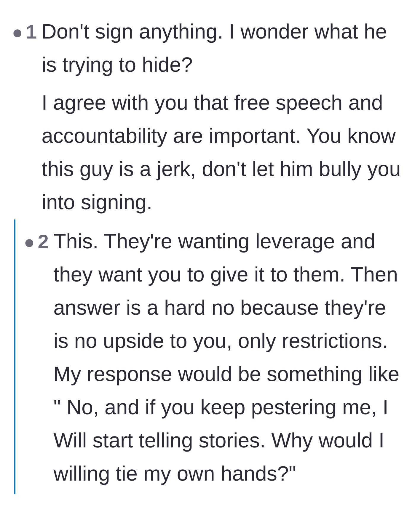 Comment thread 1 - Readers questioning what the politician is trying to hide and advising against giving him unearned leverage.