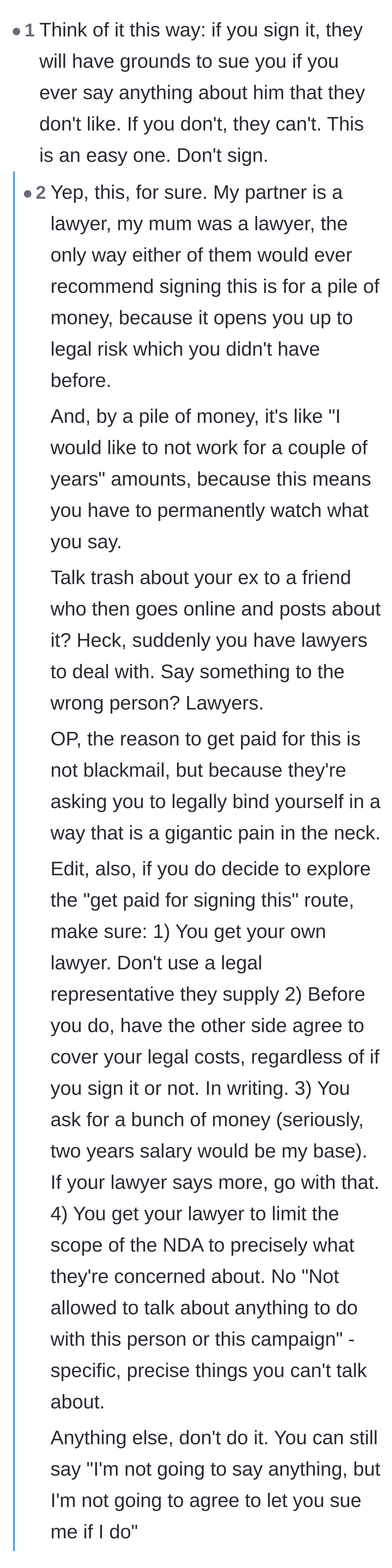 Comment thread 2 - Detailed legal advice explaining the severe personal risks of signing an NDA without substantial financial compensation.