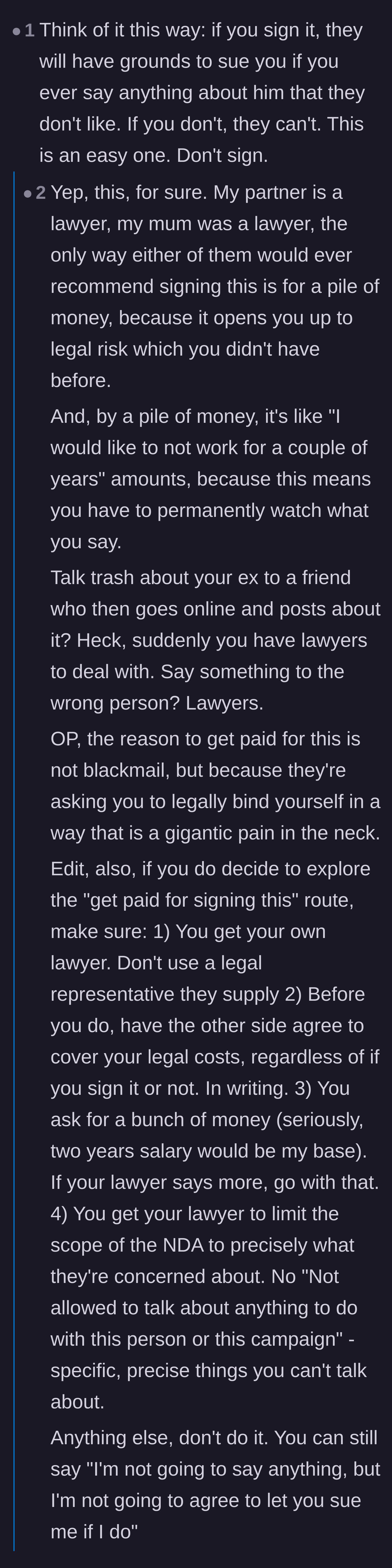 Comment thread 2 - Detailed legal advice explaining the severe personal risks of signing an NDA without substantial financial compensation.