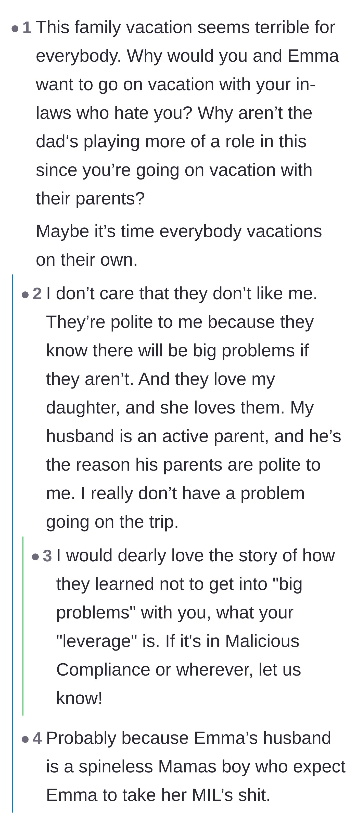 Comment thread 1 - Readers asking about the in-law dynamics and the author revealing how her financial leverage forces the toxic grandparents to behave.