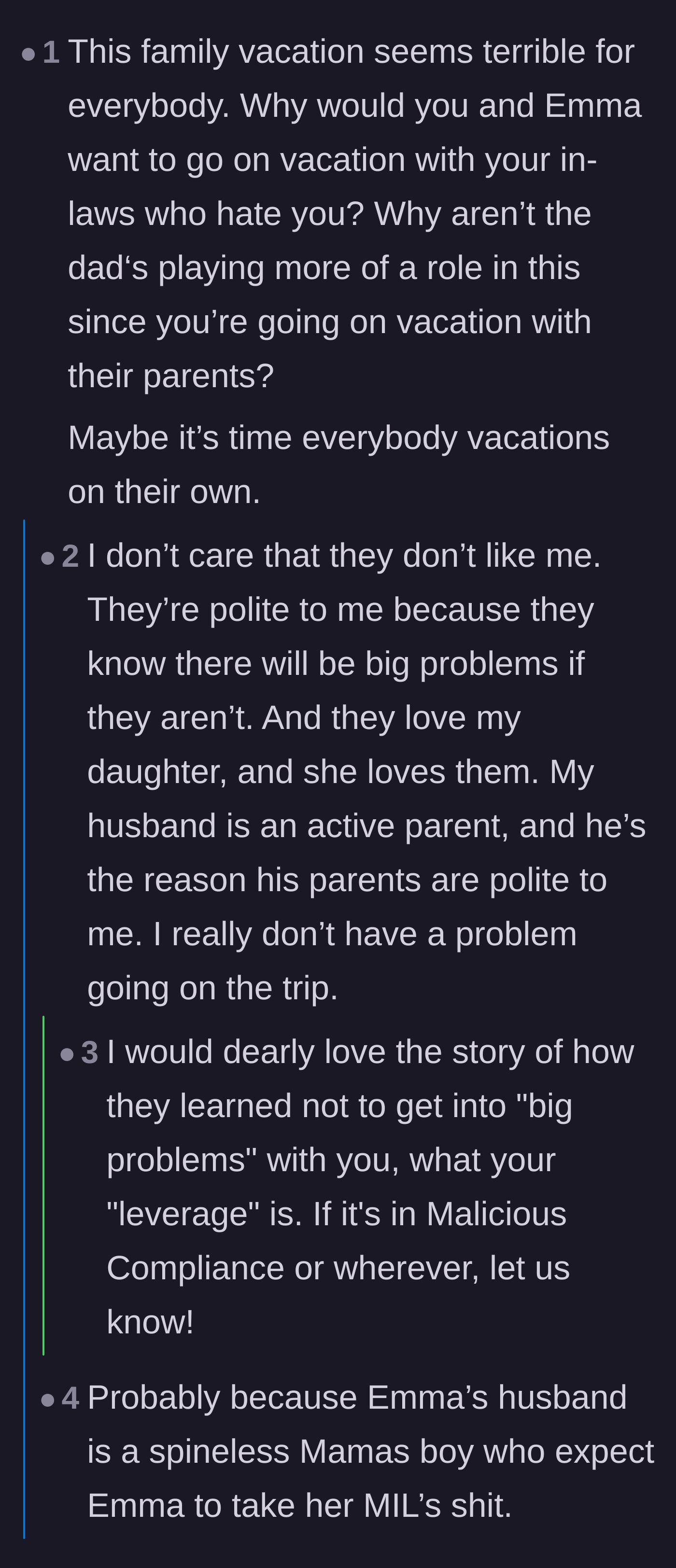 Comment thread 1 - Readers asking about the in-law dynamics and the author revealing how her financial leverage forces the toxic grandparents to behave.