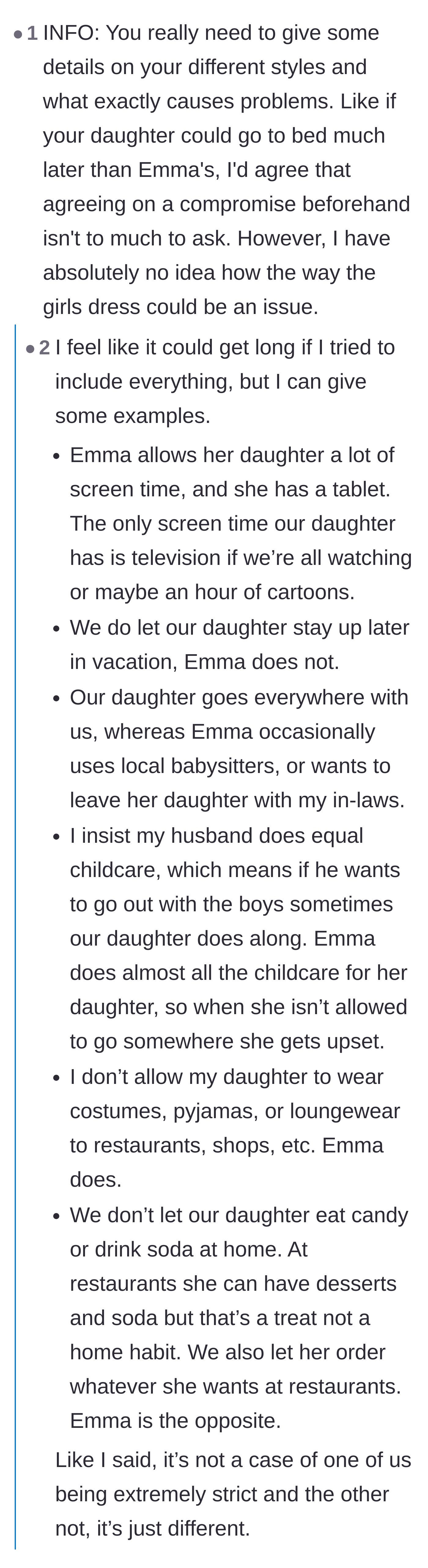 Comment thread 2 - A breakdown of the exact parenting differences, with commenters agreeing that Emma is making unreasonable demands.