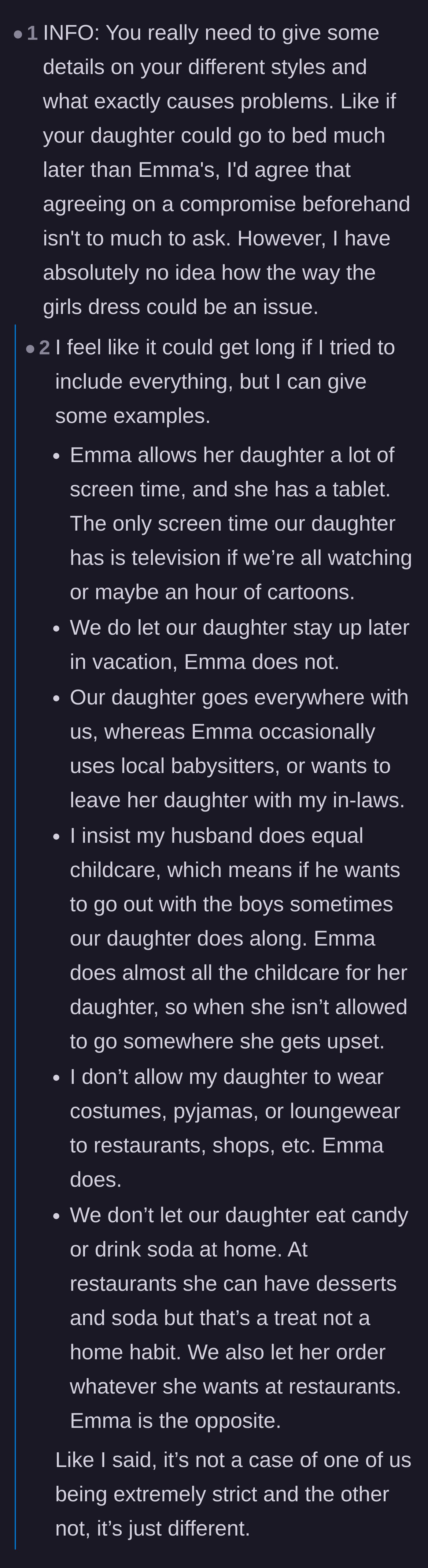 Comment thread 2 - A breakdown of the exact parenting differences, with commenters agreeing that Emma is making unreasonable demands.