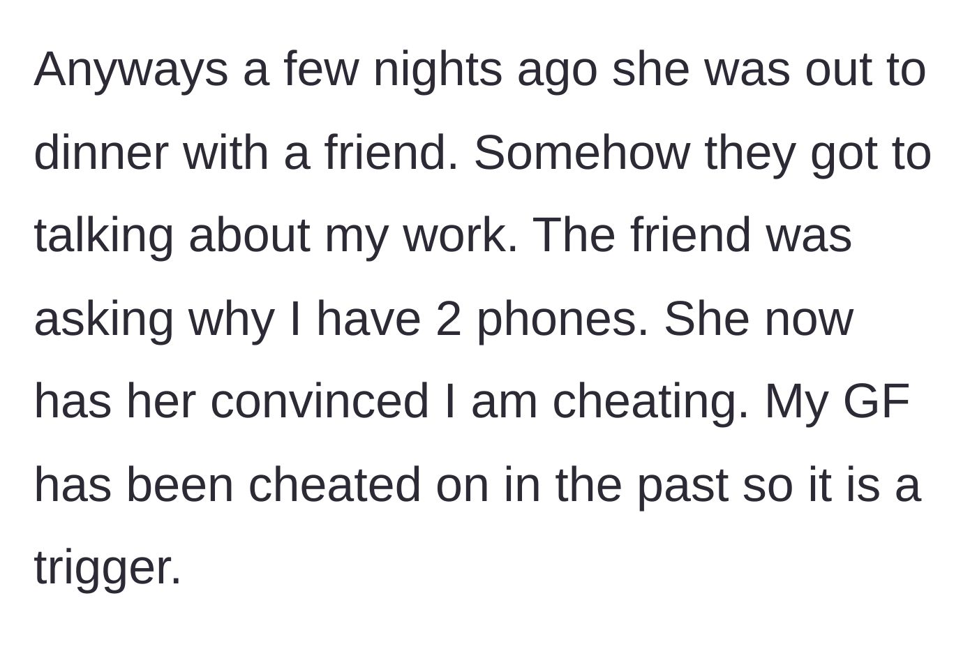 Story part 2 - The girlfriend's friend plants seeds of doubt during a dinner, triggering the girlfriend's past trauma regarding infidelity.