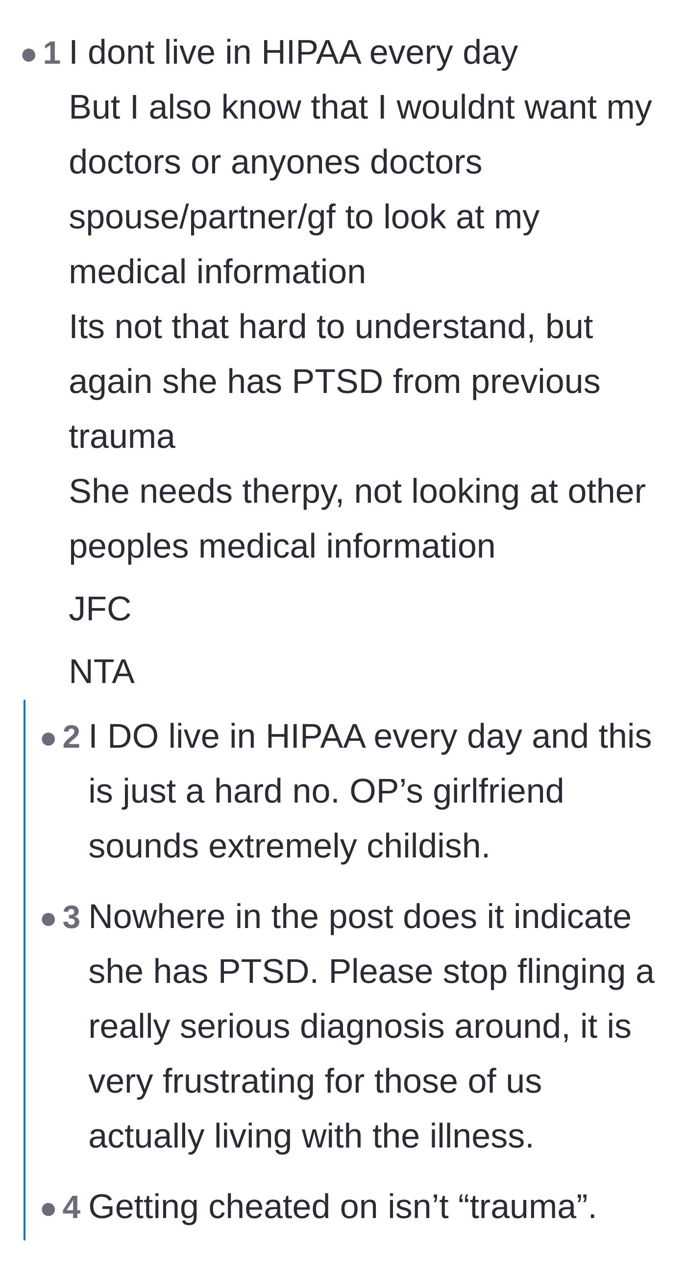 Comment thread 3 - Readers pointing out that from a patient's perspective, a doctor sharing medical data to soothe a partner is unacceptable.