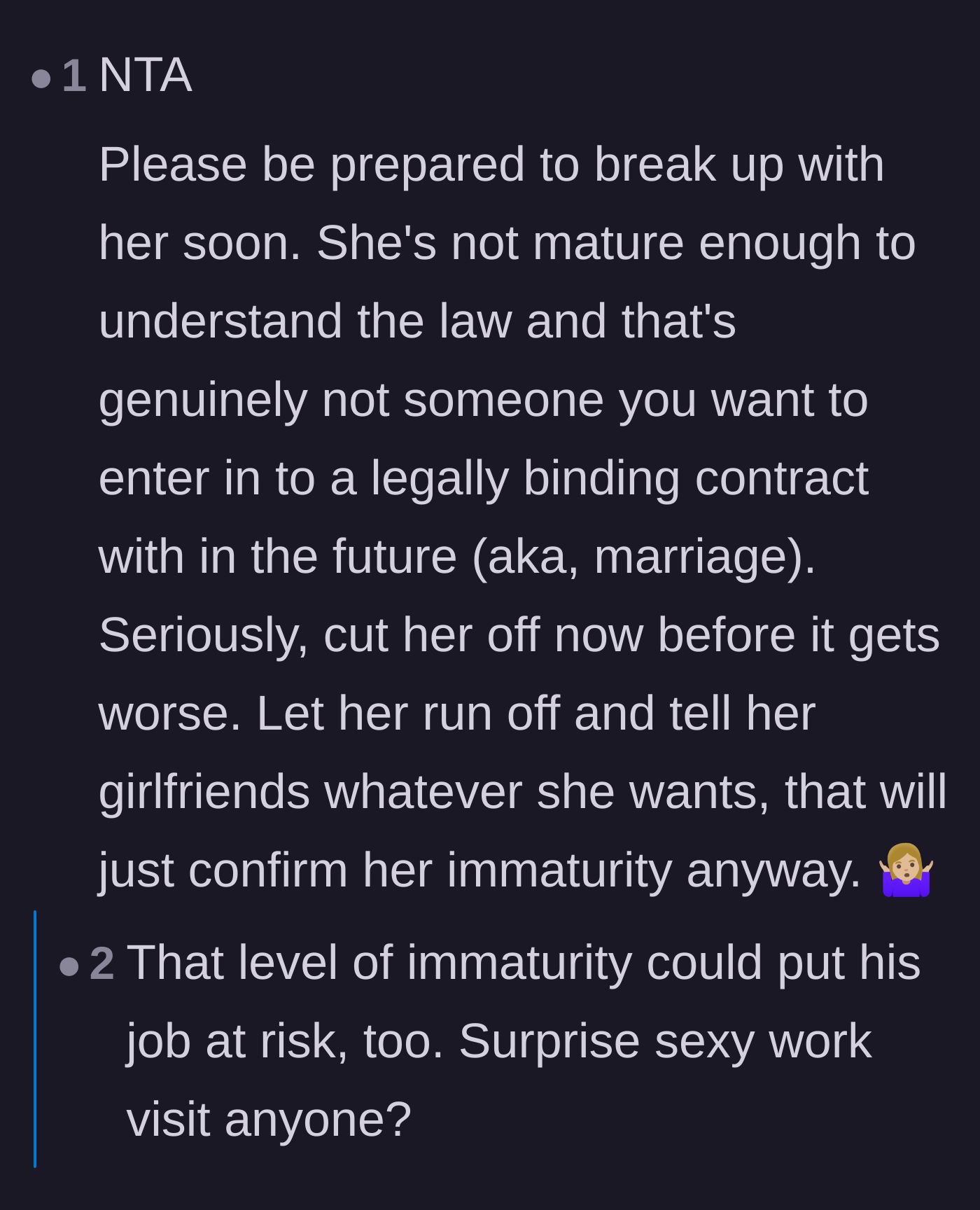 Comment thread 6 - Commenters advising the physician to end the relationship before her lack of understanding threatens his medical license.
