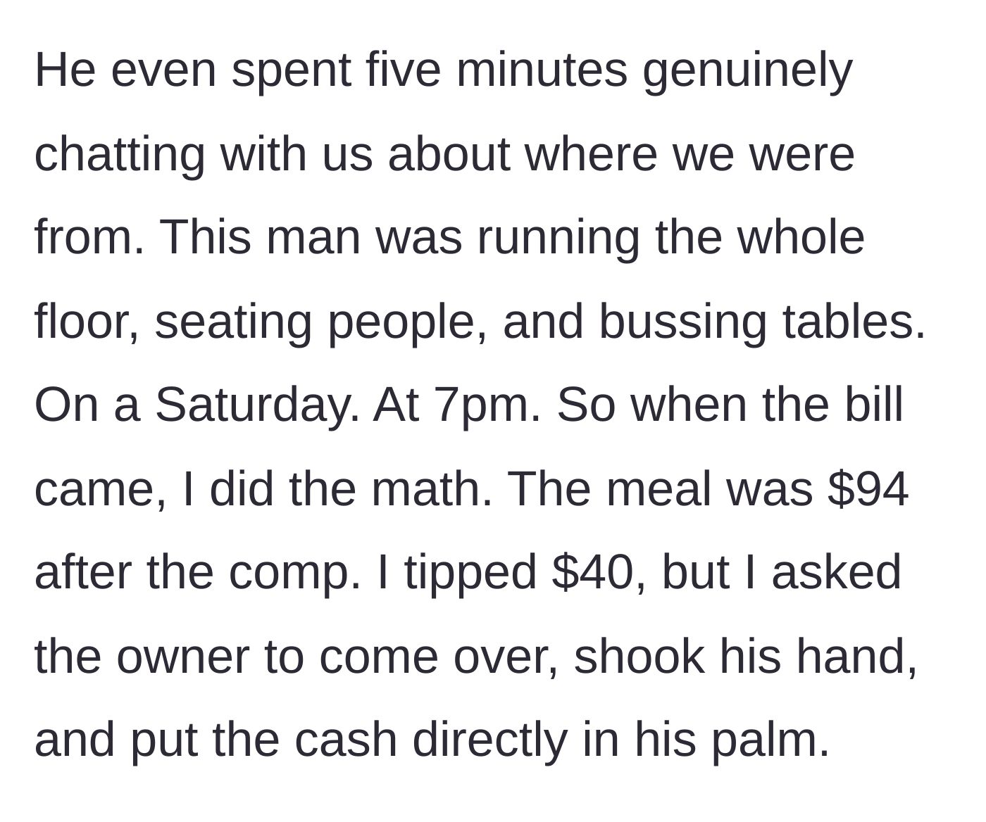 Story part 2 - The diner calculating the tip and then shaking the restaurant owner's hand to slip him a large sum of cash directly.