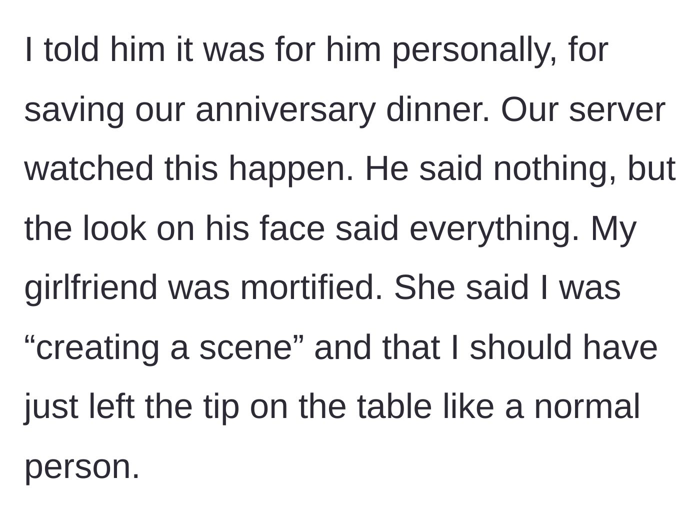 Story part 3 - The server watching the cash handoff from a distance while the diner's girlfriend looks completely mortified at the table.