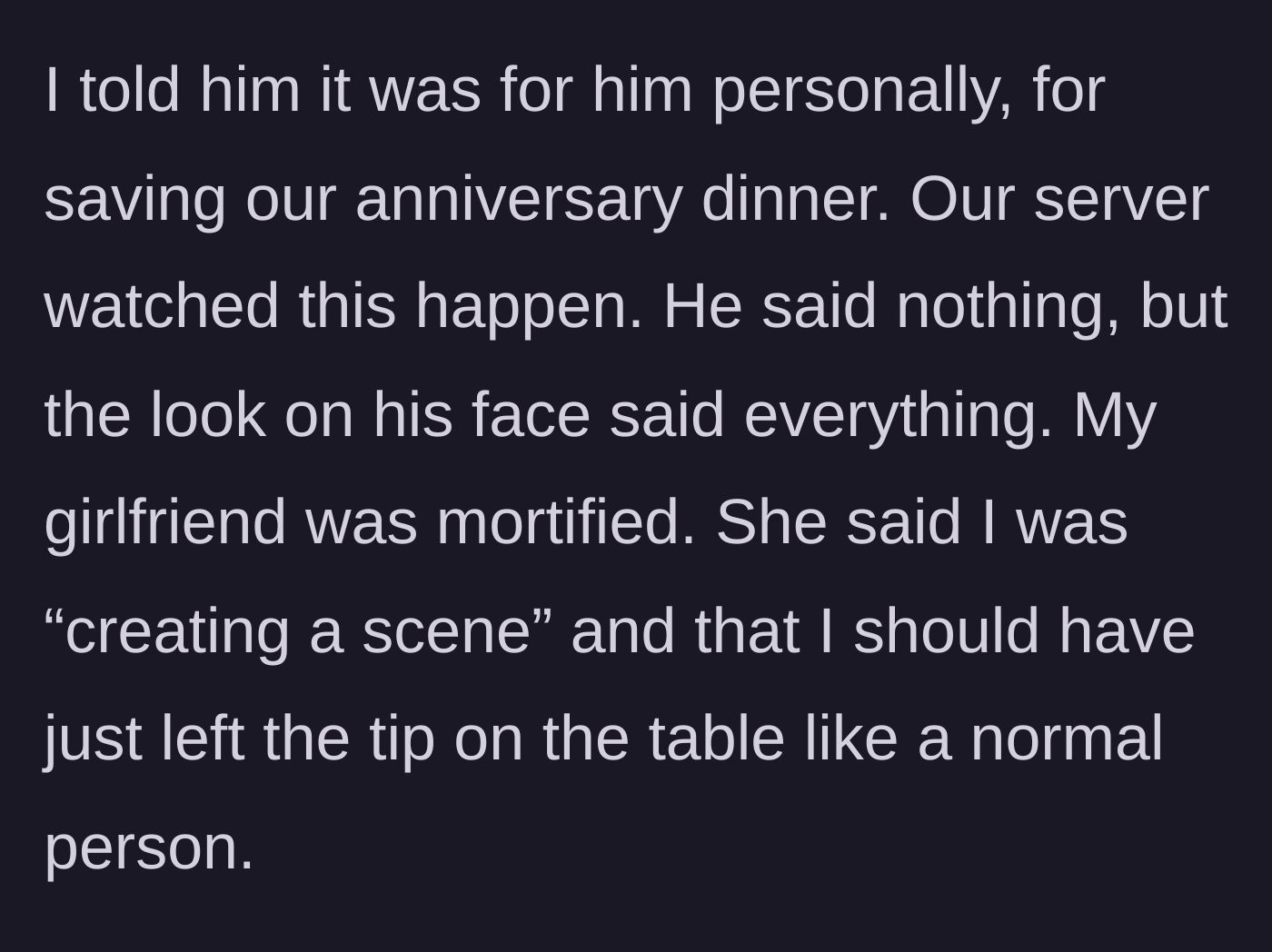 Story part 3 - The server watching the cash handoff from a distance while the diner's girlfriend looks completely mortified at the table.