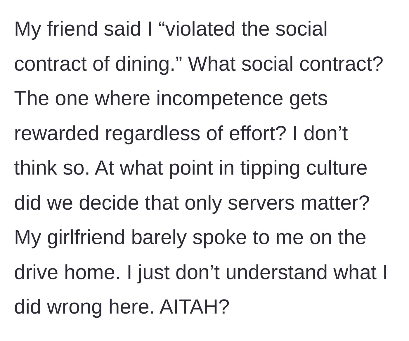 Story part 5 - A silent, intensely awkward car ride home between the proud diner and his incredibly angry girlfriend.