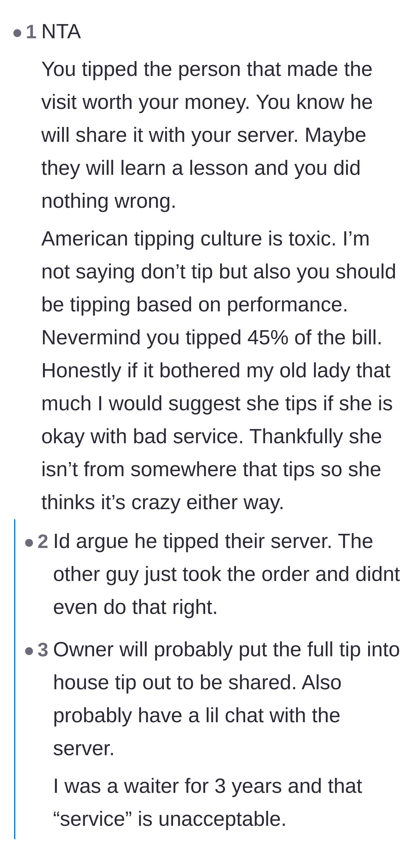 Comment thread 1 - A debate about American tipping culture and how withholding tips from negligent servers is entirely justified based on performance.
