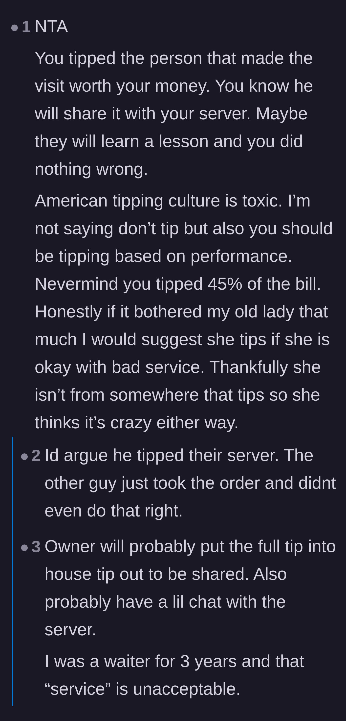 Comment thread 1 - A debate about American tipping culture and how withholding tips from negligent servers is entirely justified based on performance.