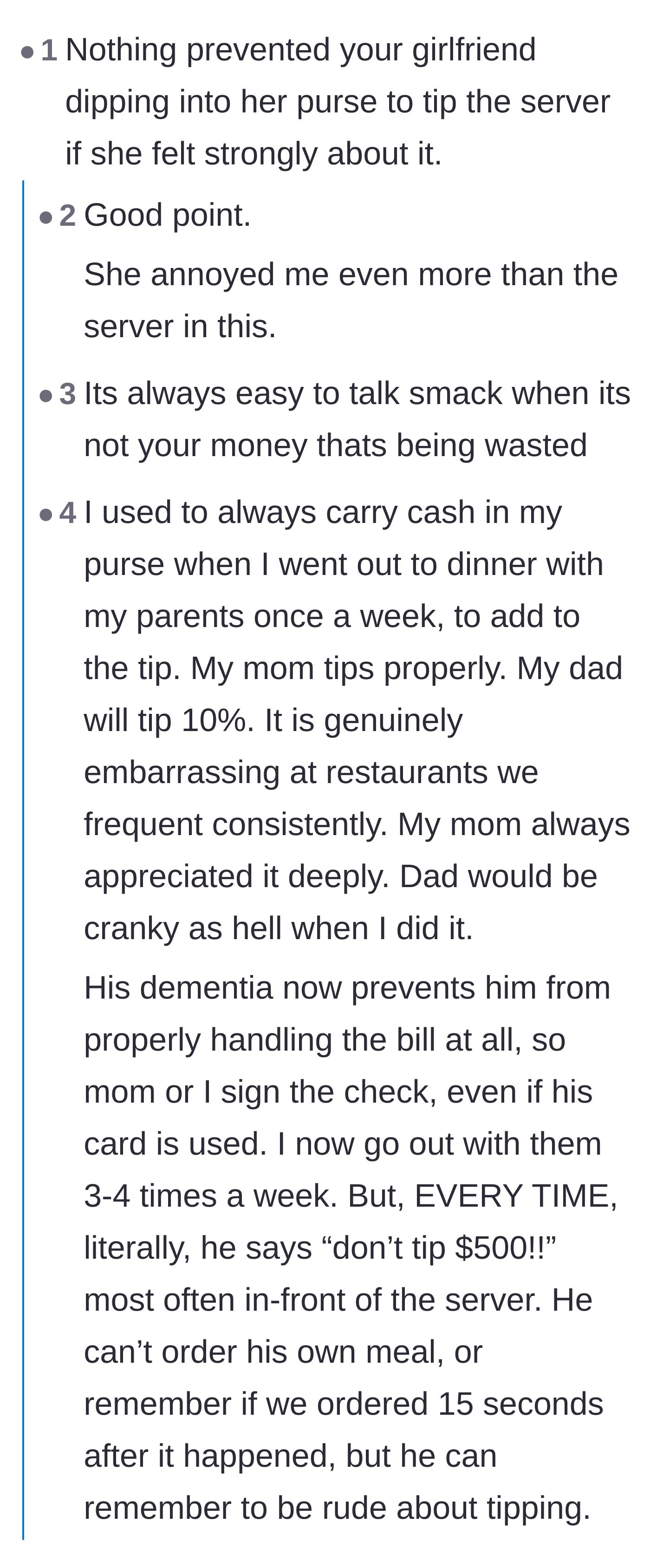 Comment thread 2 - Readers criticizing the girlfriend for complaining about the lack of a tip without opening her own wallet to fix it.