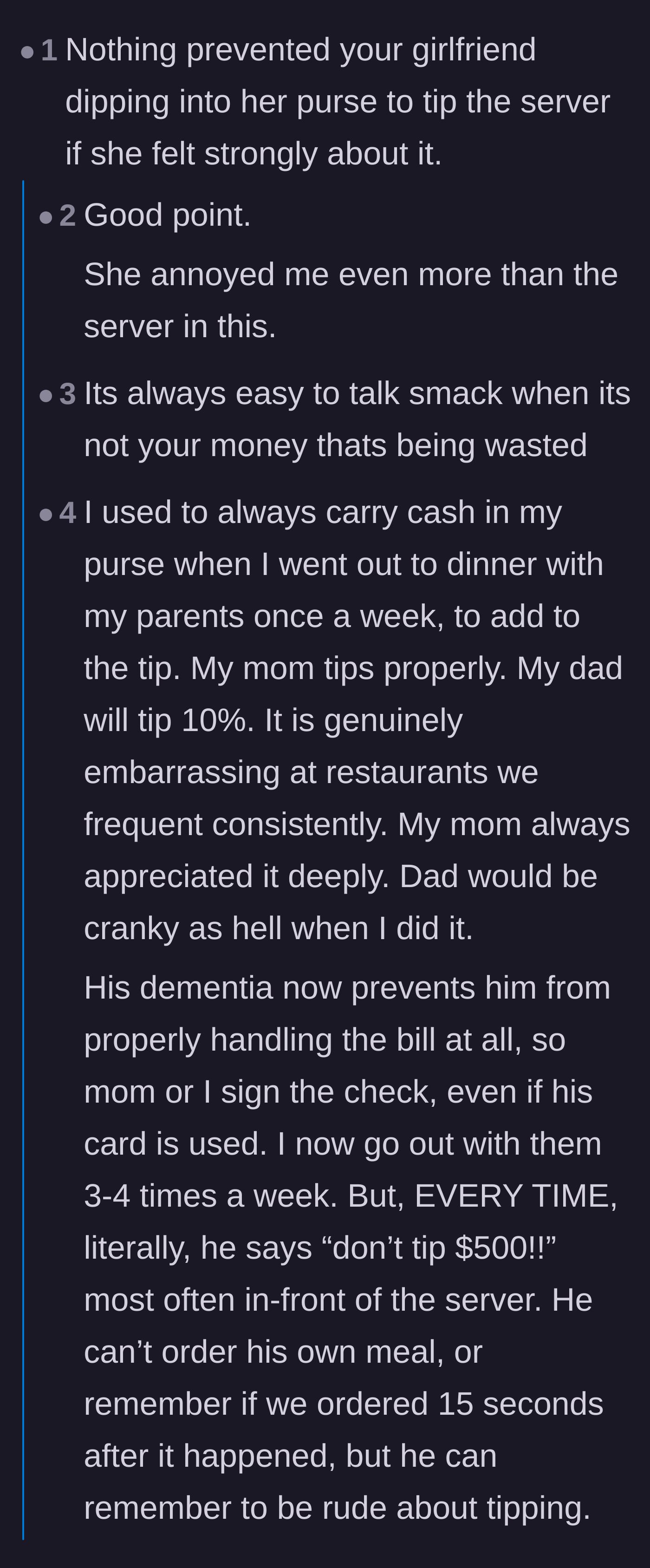 Comment thread 2 - Readers criticizing the girlfriend for complaining about the lack of a tip without opening her own wallet to fix it.
