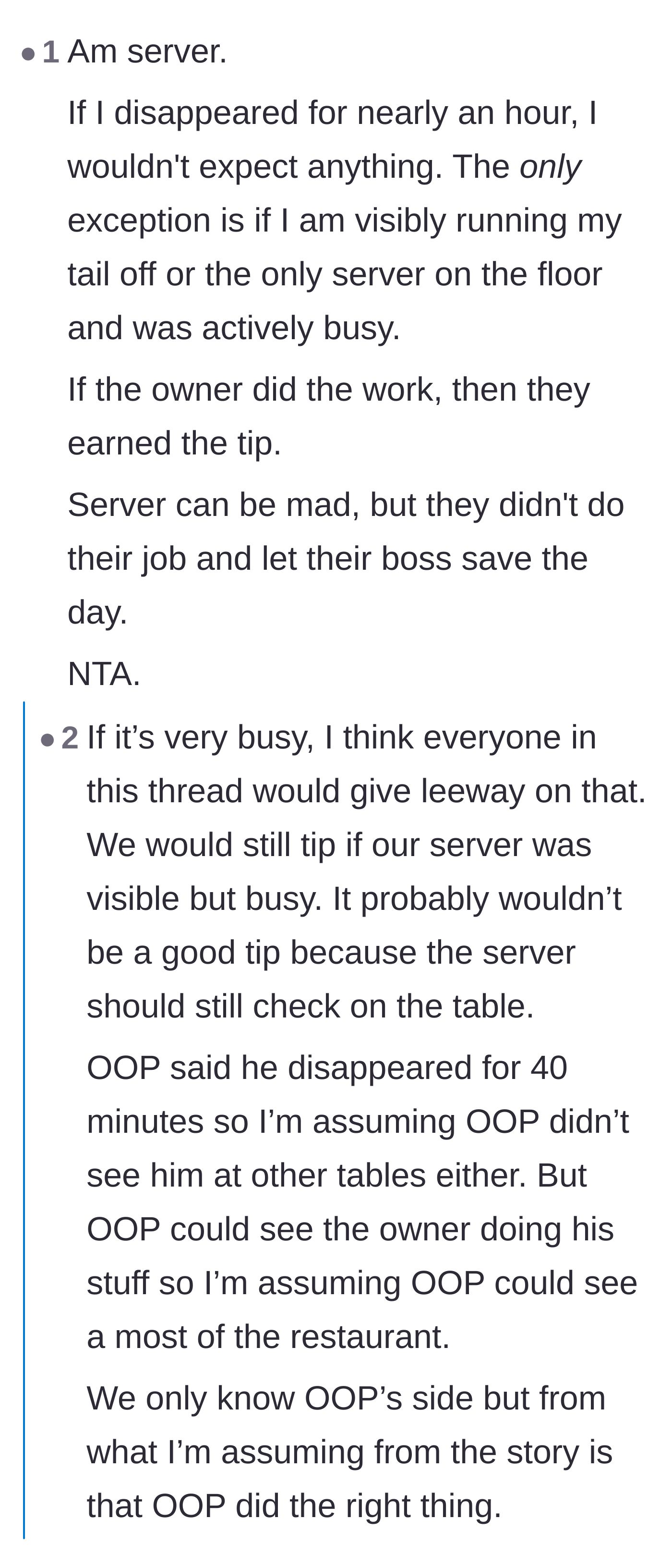 Comment thread 3 - A verified server admitting they would never expect compensation after ghosting a table for forty minutes.