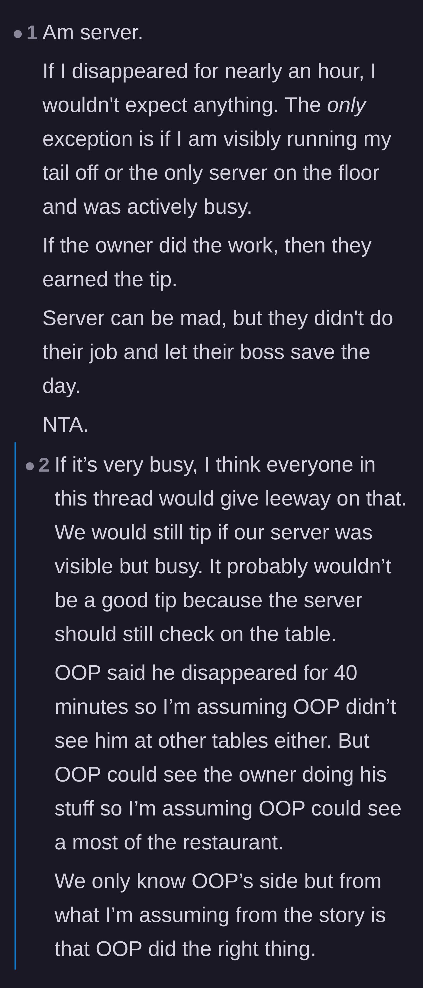 Comment thread 3 - A verified server admitting they would never expect compensation after ghosting a table for forty minutes.