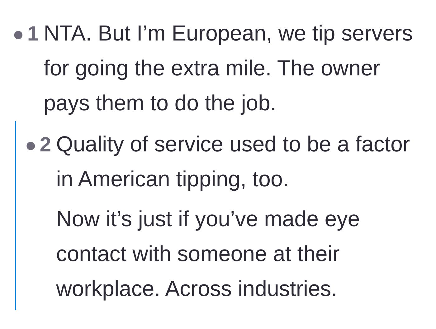 Comment thread 5 - A discussion contrasting European tipping standards with the current American expectation of tipping for bare minimum effort.