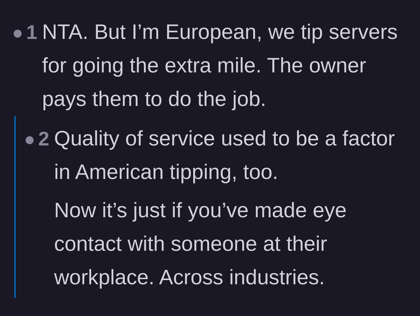 Comment thread 5 - A discussion contrasting European tipping standards with the current American expectation of tipping for bare minimum effort.