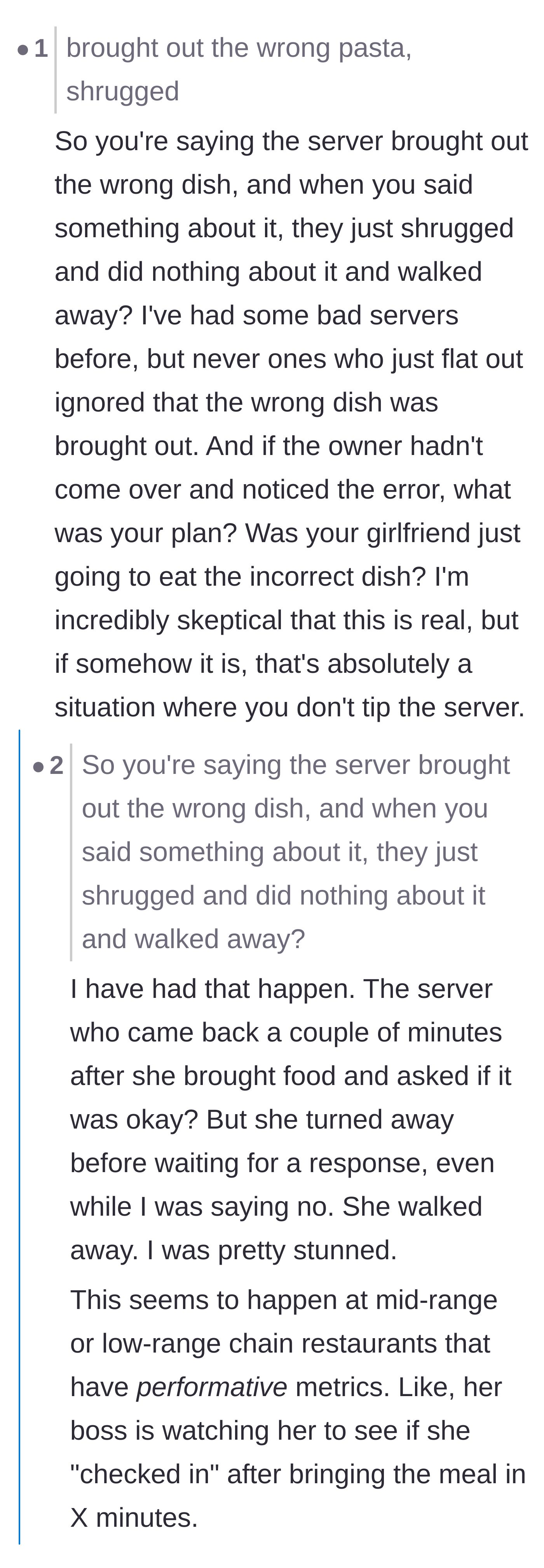 Comment thread 6 - Skeptical readers questioning the plausibility of a server openly ignoring a wrong order while the owner magically steps in to fix it.