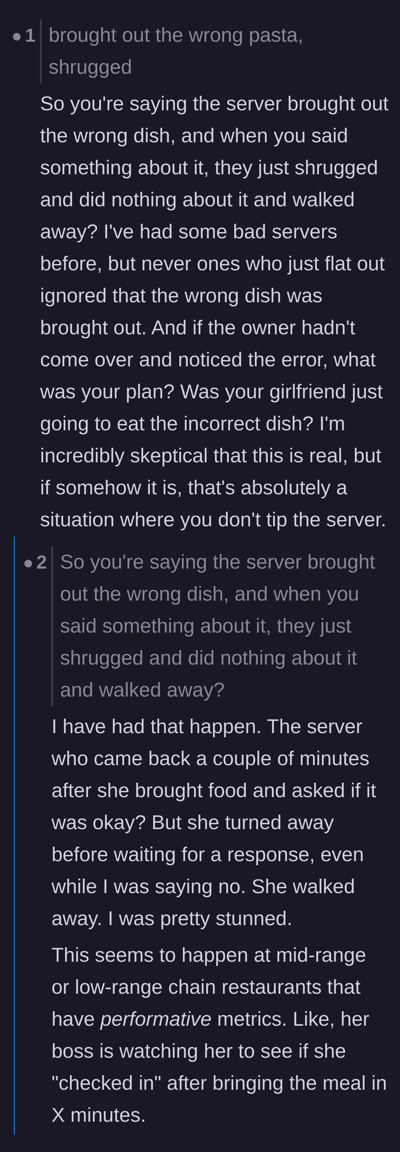 Comment thread 6 - Skeptical readers questioning the plausibility of a server openly ignoring a wrong order while the owner magically steps in to fix it.