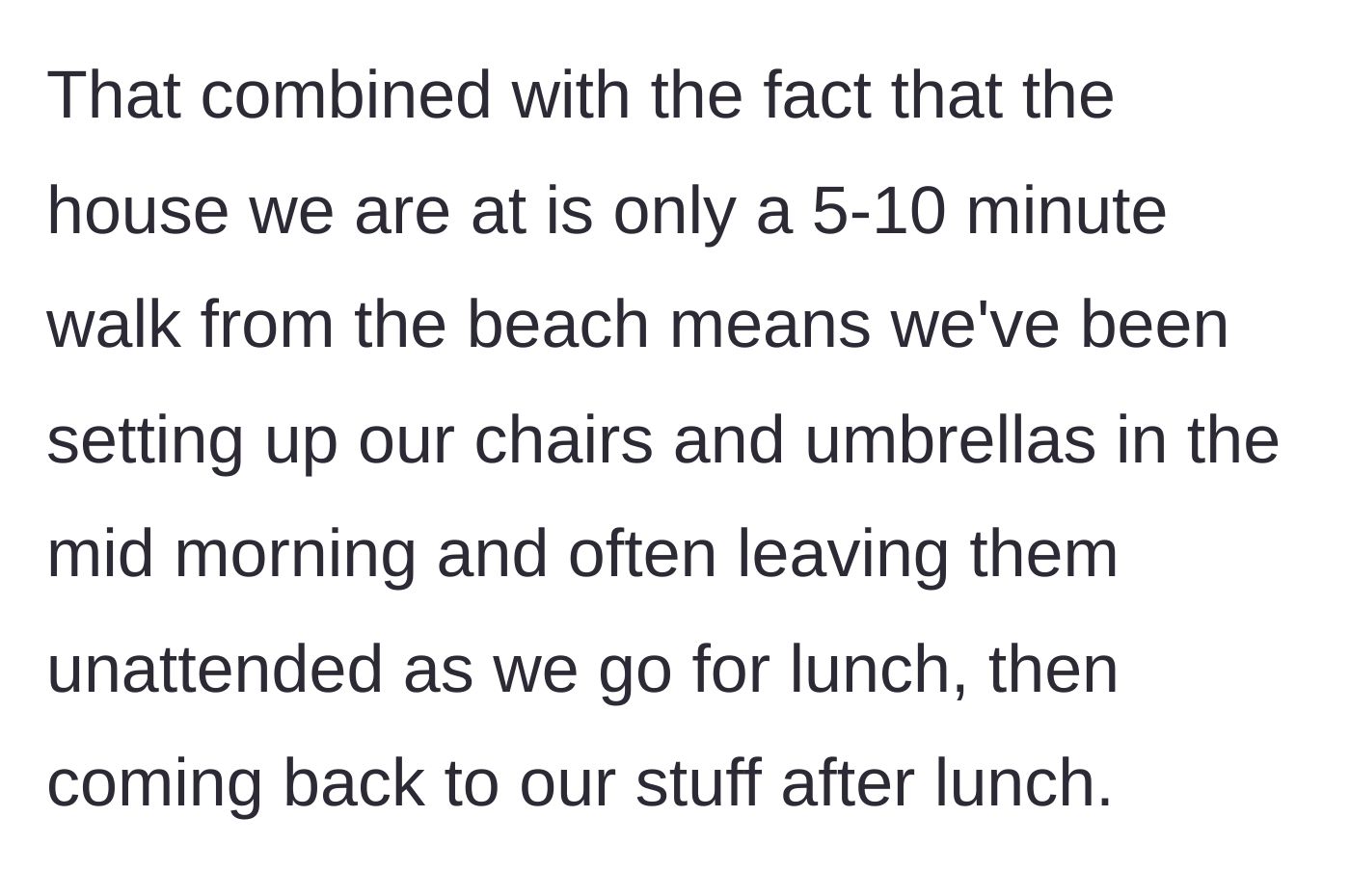 Story part 2 - Beach chairs and umbrellas left temporarily unattended on the sand.