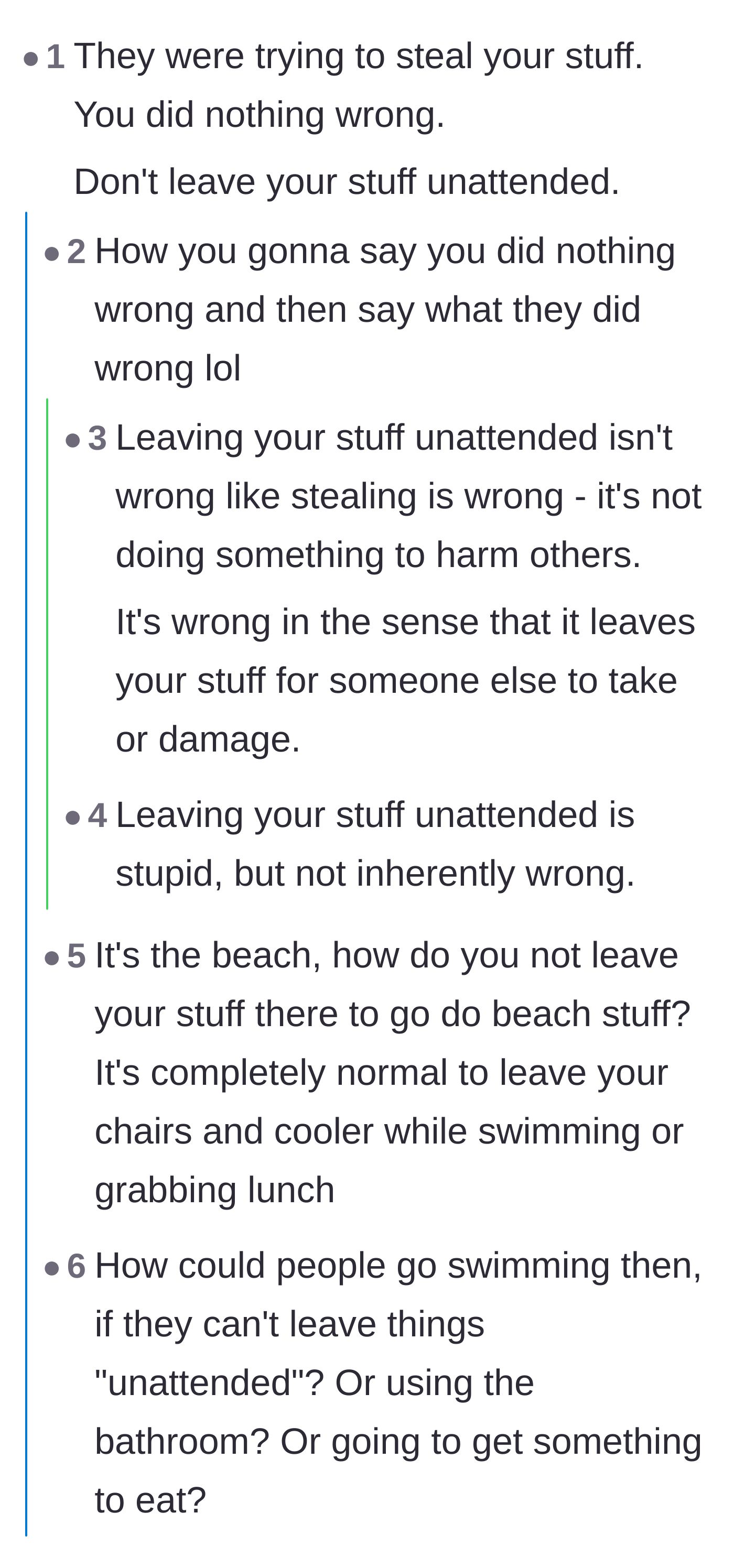 Comment thread 1 - A debate about whether leaving beach gear unattended is normal beach culture or a naive invitation for theft