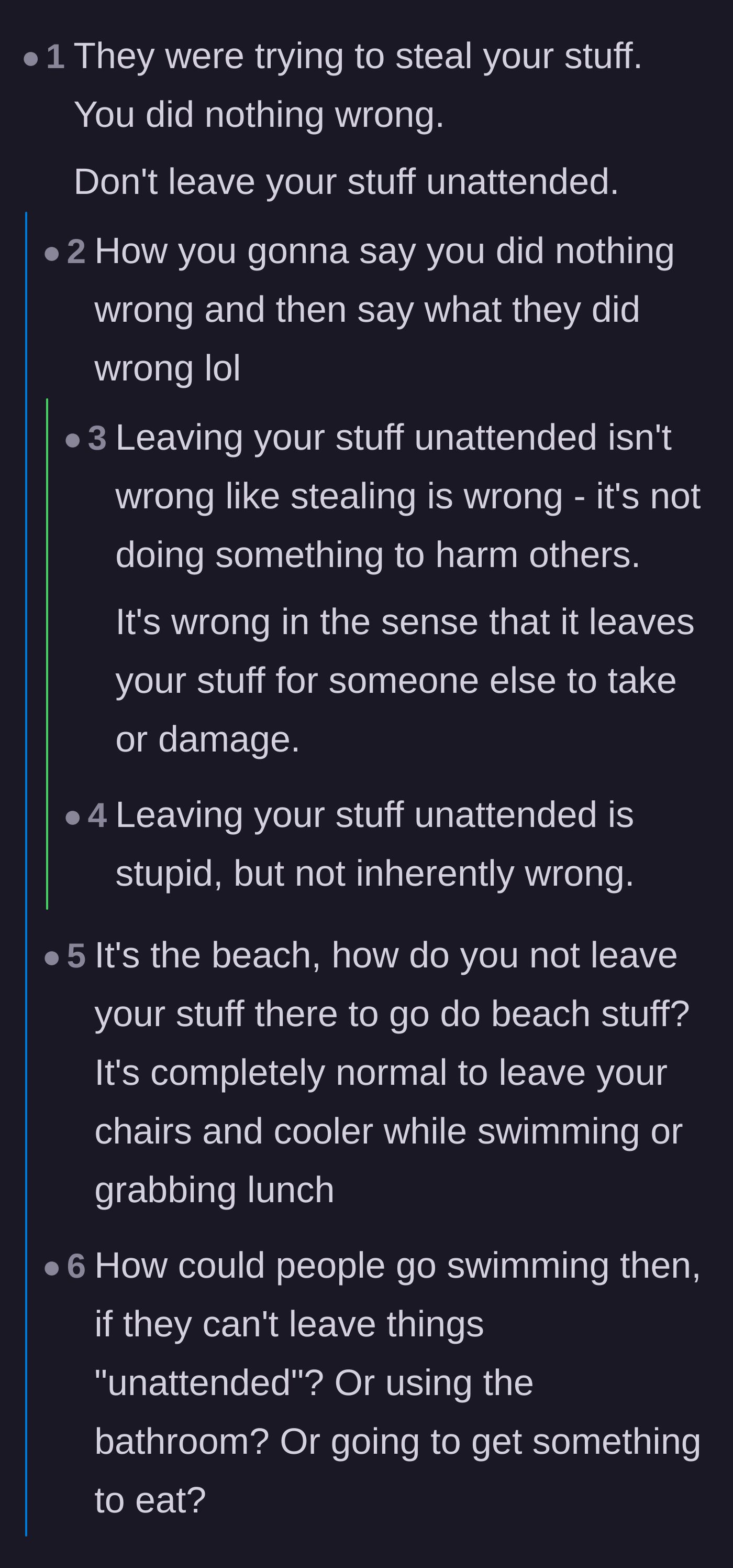 Comment thread 1 - A debate about whether leaving beach gear unattended is normal beach culture or a naive invitation for theft