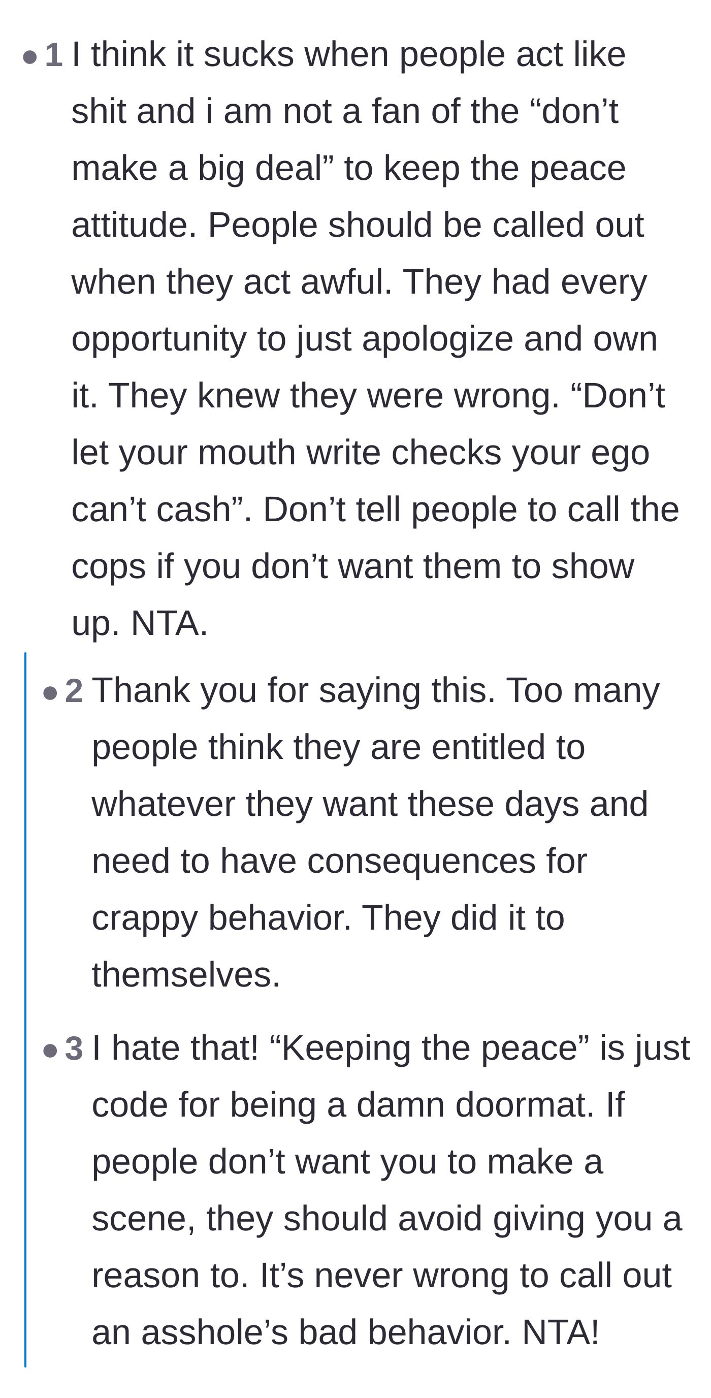 Comment thread 3 - Commenters criticizing the friends' desire to keep the peace and praising the narrator for holding the family accountable