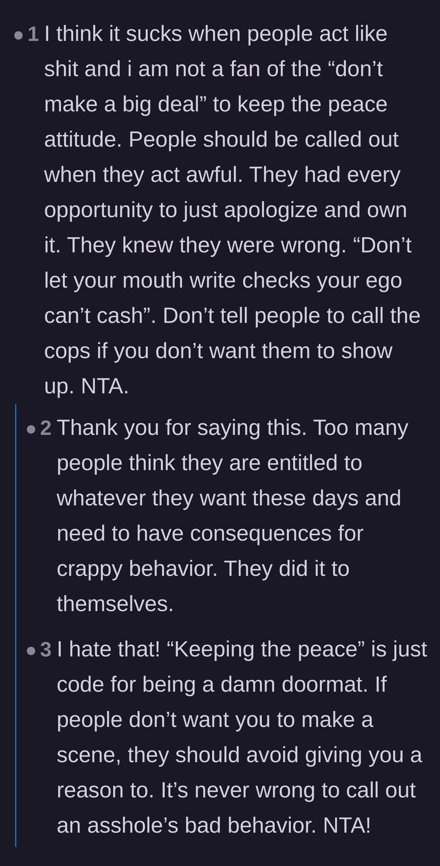 Comment thread 3 - Commenters criticizing the friends' desire to keep the peace and praising the narrator for holding the family accountable