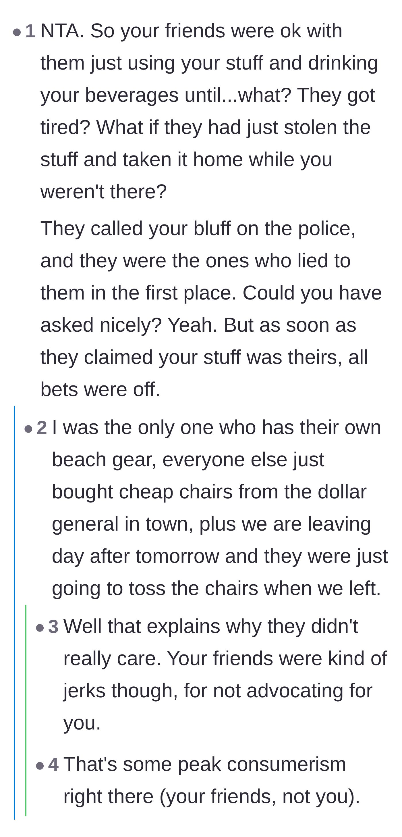 Comment thread 4 - A conversation about the friends' plan to throw away their cheap beach chairs and how that explains their passive reaction