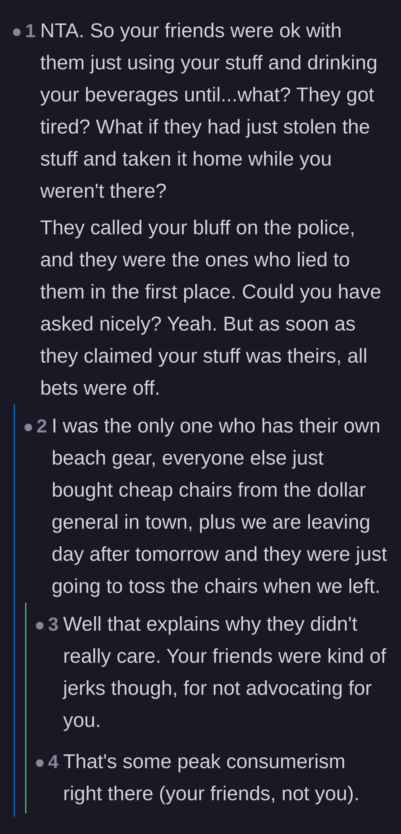 Comment thread 4 - A conversation about the friends' plan to throw away their cheap beach chairs and how that explains their passive reaction