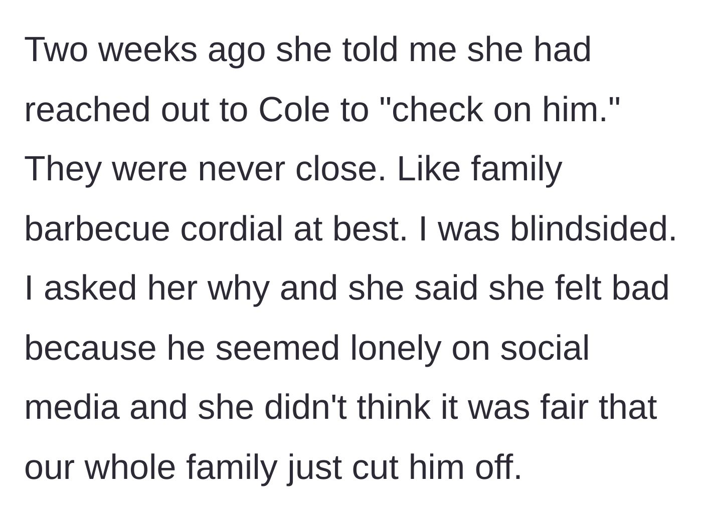 Story part 4 - Beth contacting the ex-husband to check on him, despite never being close to him.