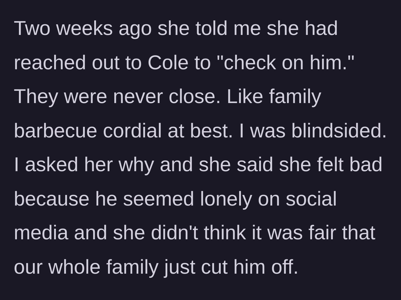 Story part 4 - Beth contacting the ex-husband to check on him, despite never being close to him.