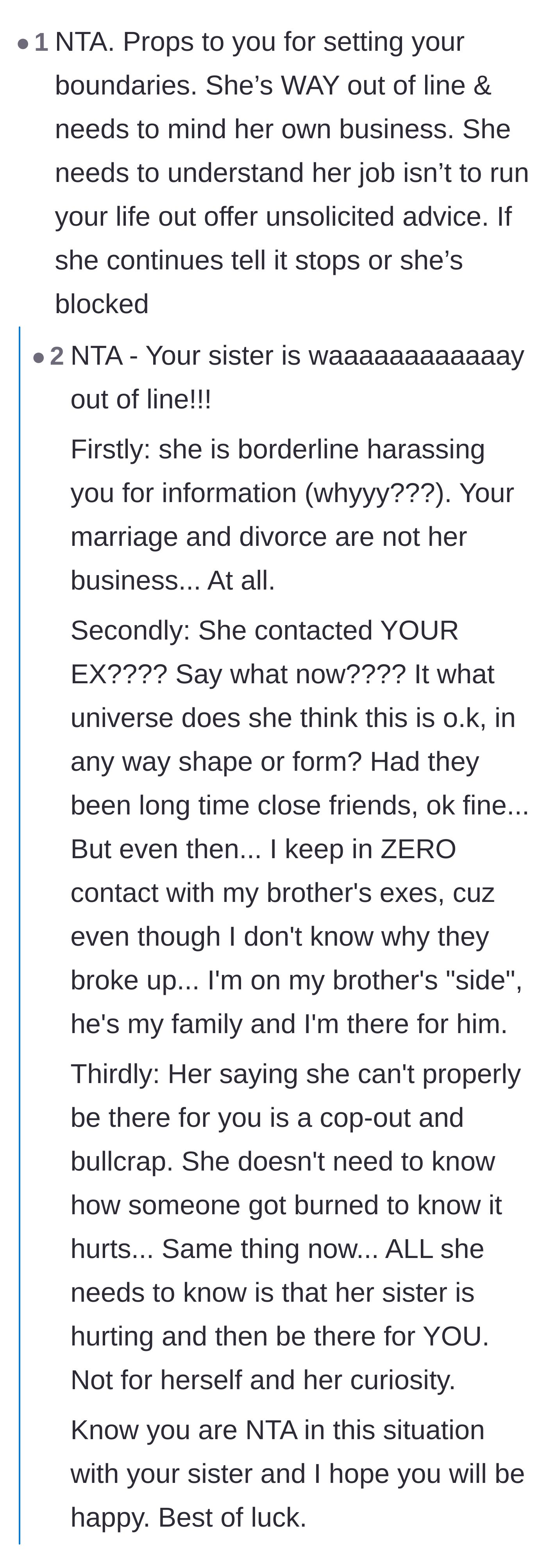 Comment thread 1 - Readers validating the main character's boundaries and calling out the sister's fake support and thirst for gossip.