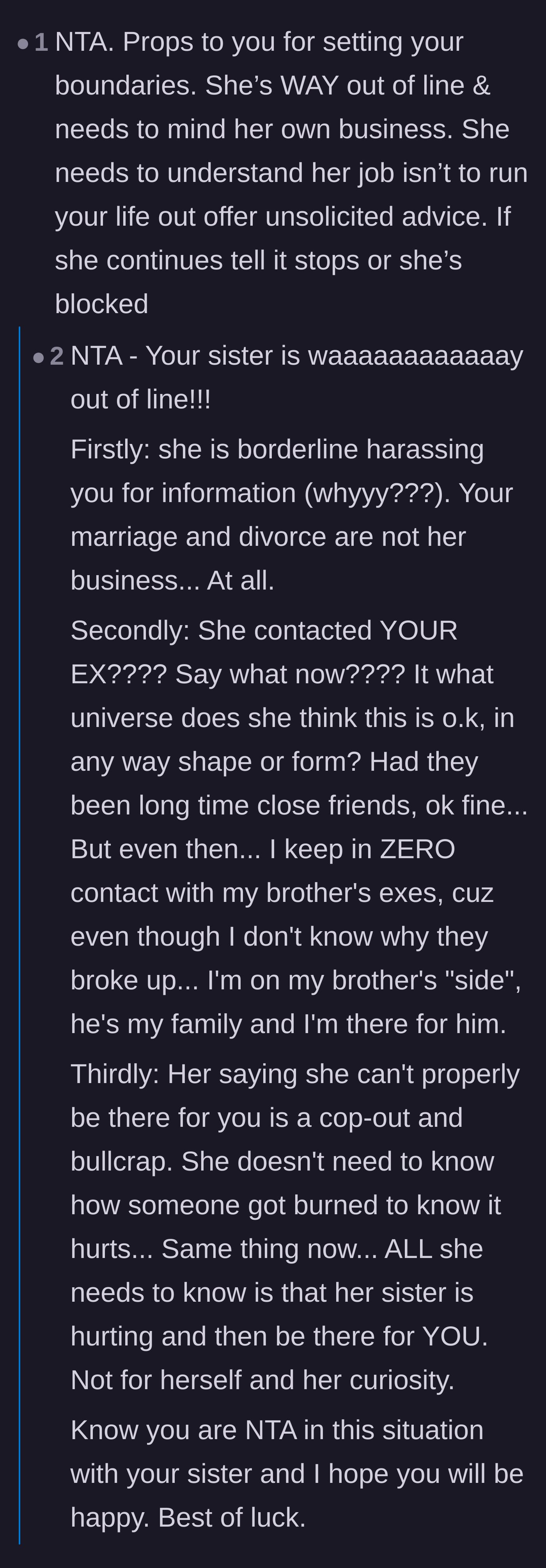 Comment thread 1 - Readers validating the main character's boundaries and calling out the sister's fake support and thirst for gossip.