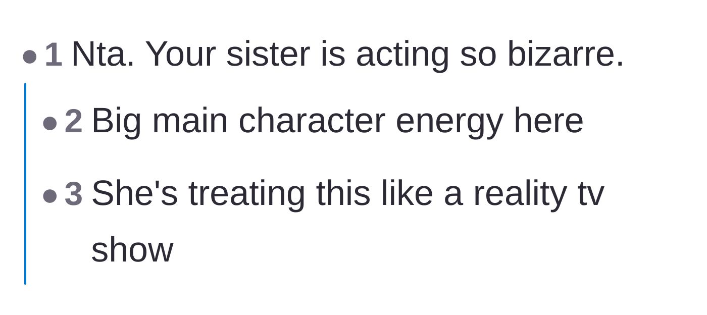 Comment thread 3 - Readers diagnosing the sister with main character syndrome and treating the divorce like a TV show.
