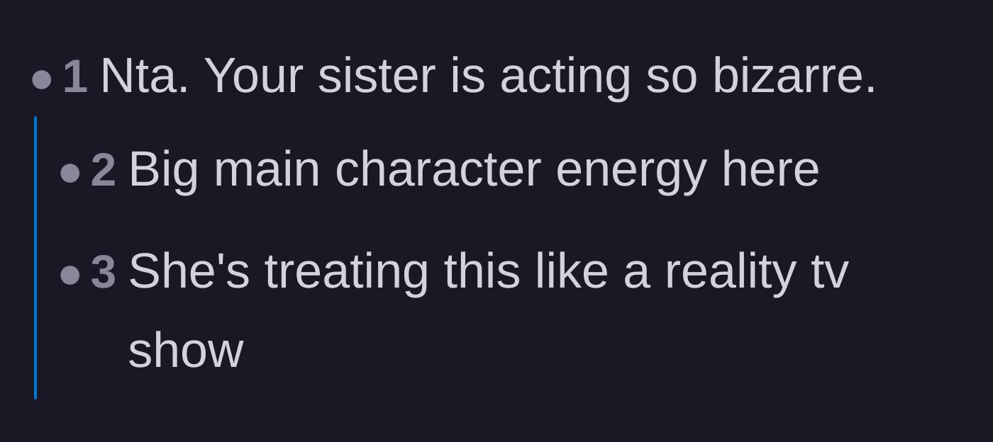 Comment thread 3 - Readers diagnosing the sister with main character syndrome and treating the divorce like a TV show.