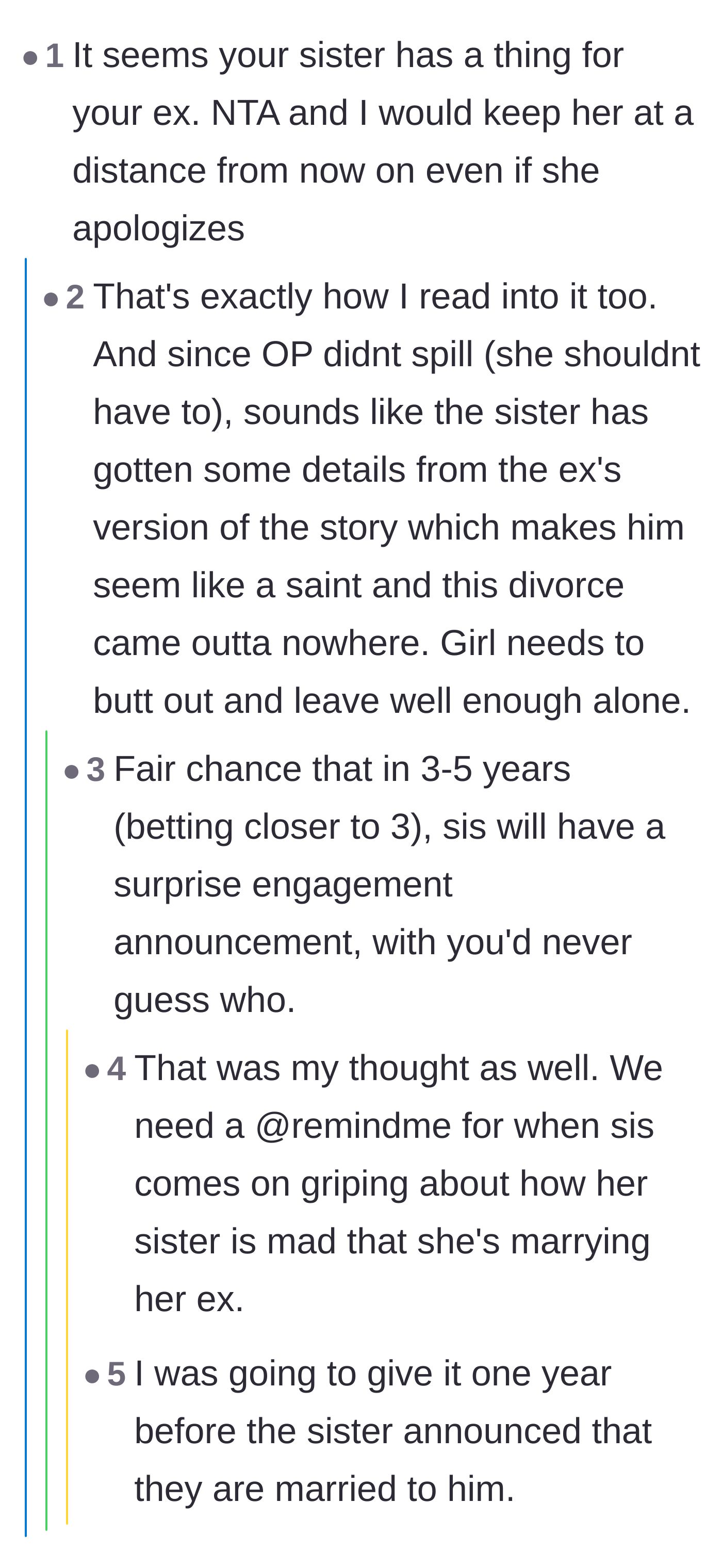 Comment thread 4 - Predictions that the sister will announce her own engagement to the ex-husband in a few years.