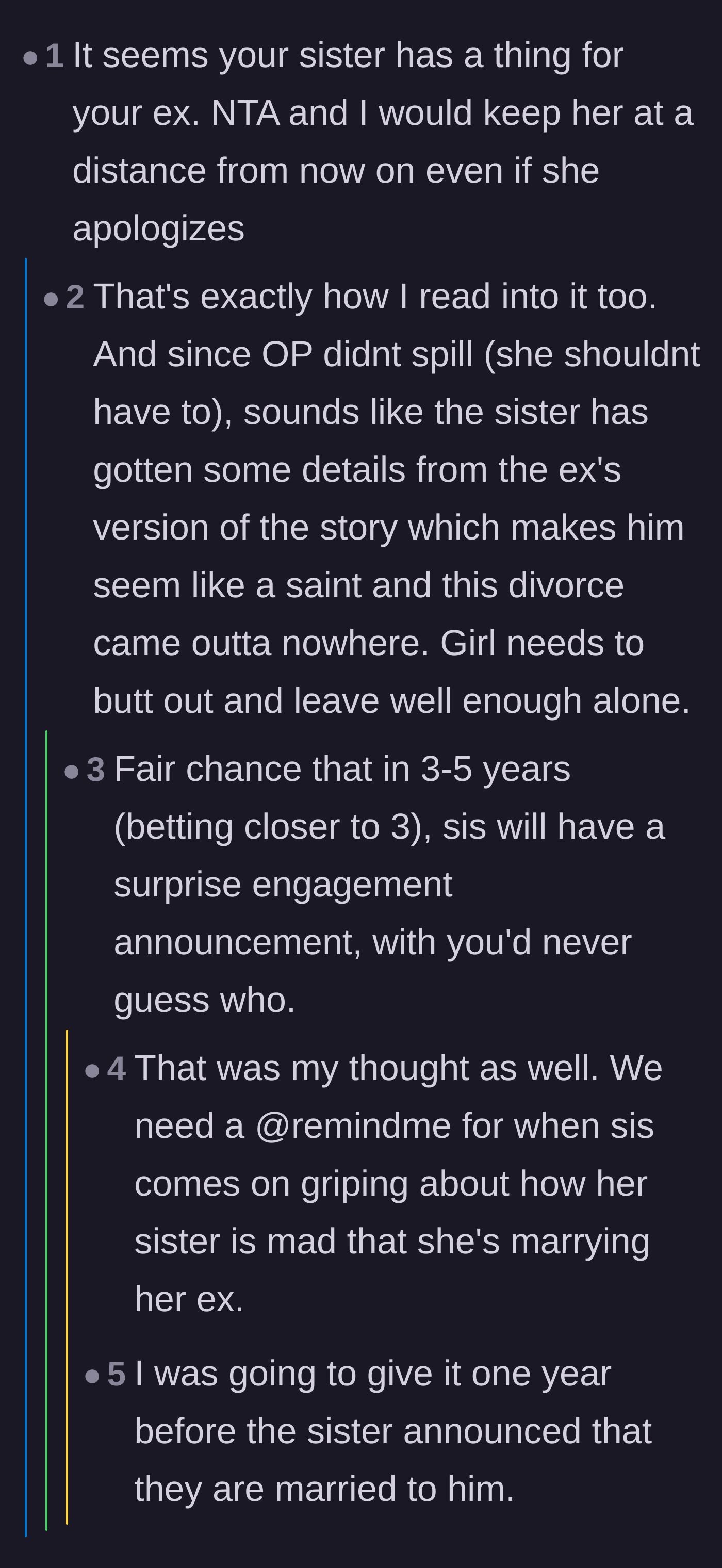 Comment thread 4 - Predictions that the sister will announce her own engagement to the ex-husband in a few years.