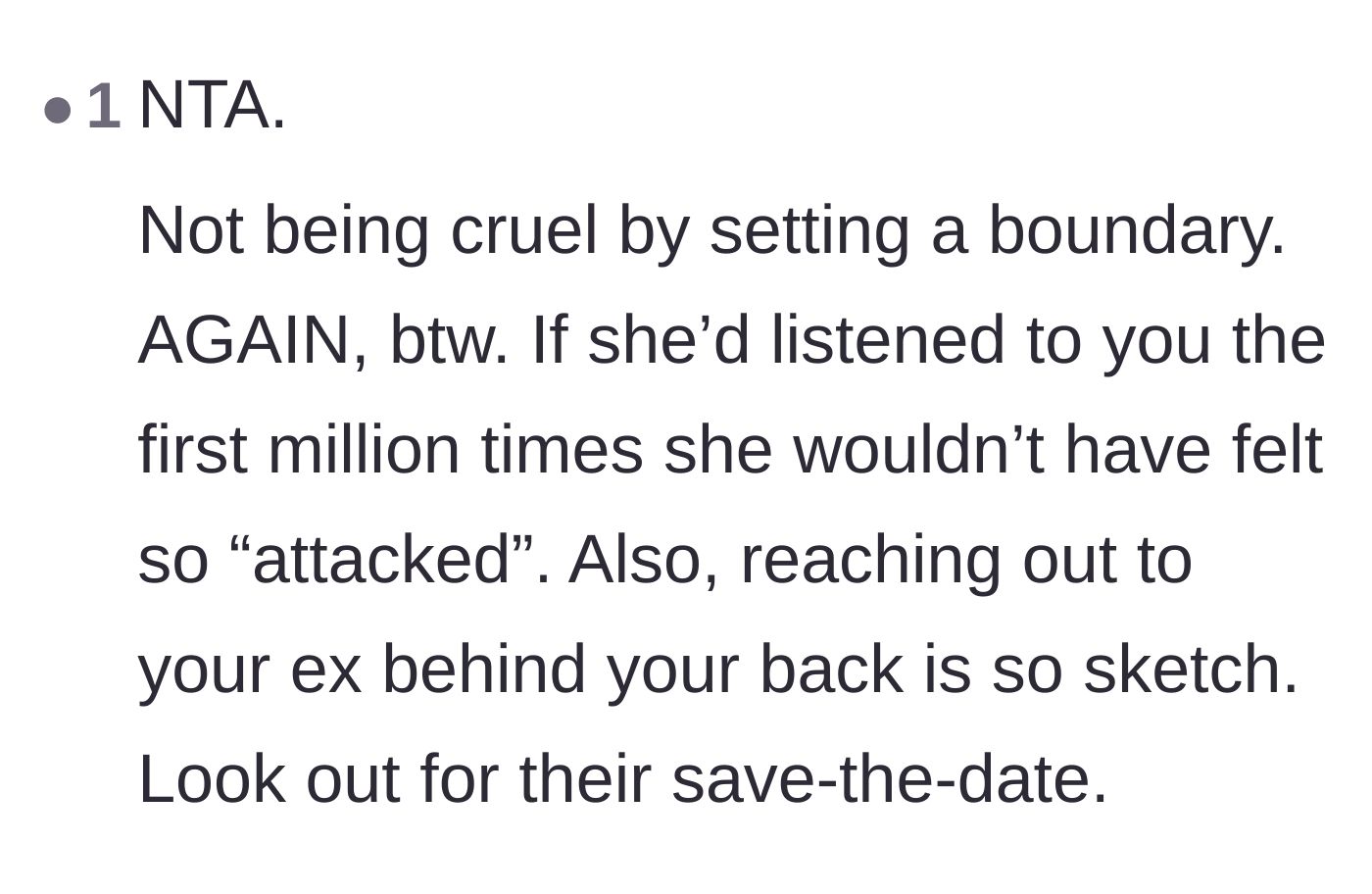 Comment thread 6 - Reassurance that setting a boundary isn't cruel, and a warning to watch out for a future wedding invitation.