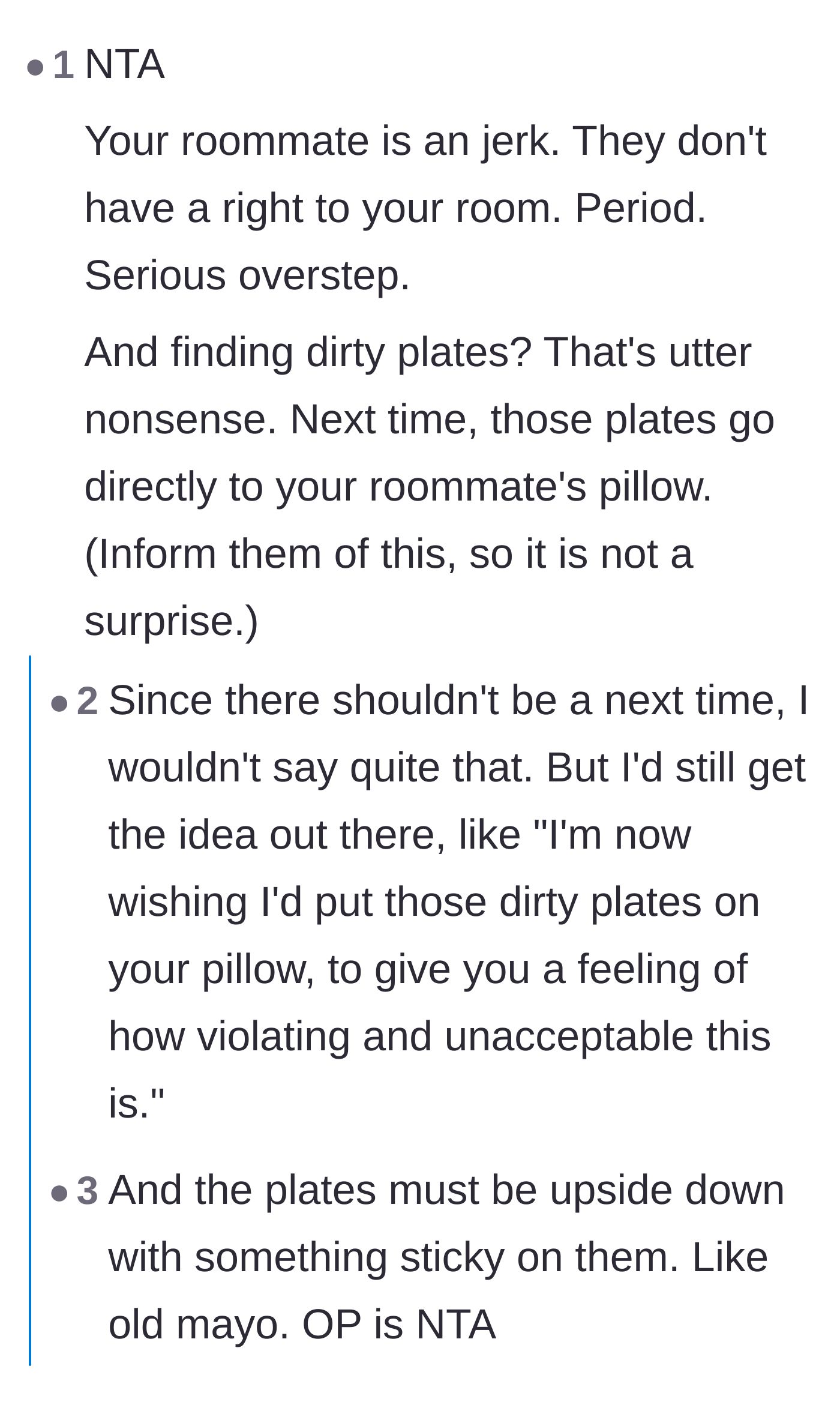 Comment thread 3 - Readers suggesting petty revenge by putting the dirty plates on the roommate's pillow.