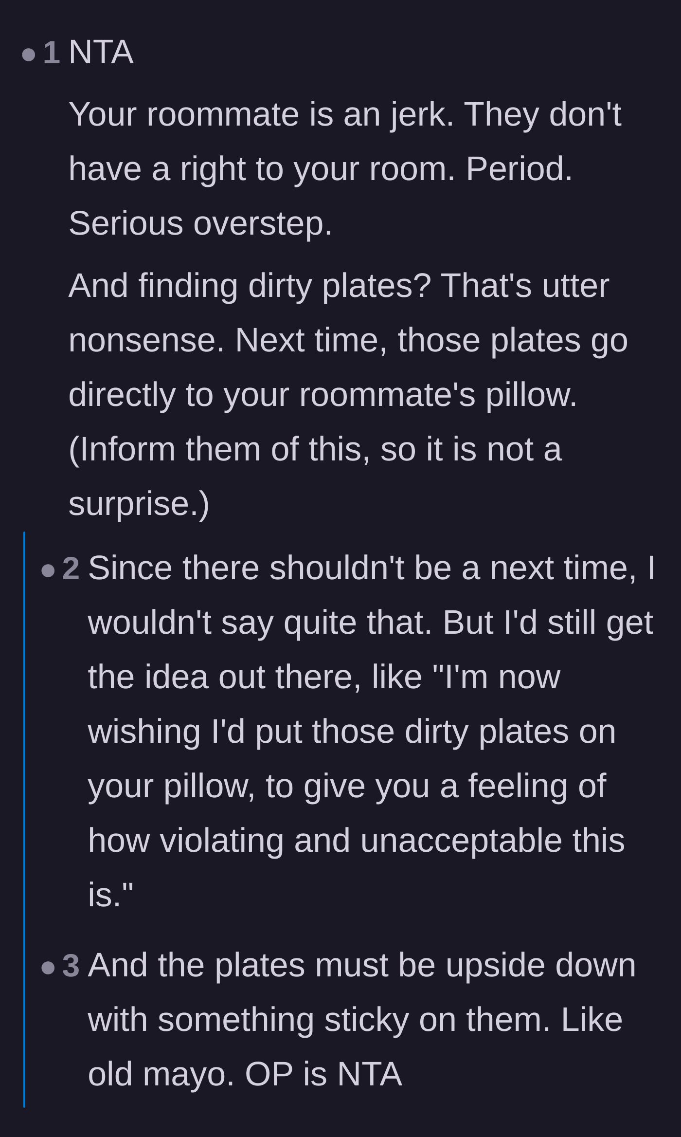 Comment thread 3 - Readers suggesting petty revenge by putting the dirty plates on the roommate's pillow.