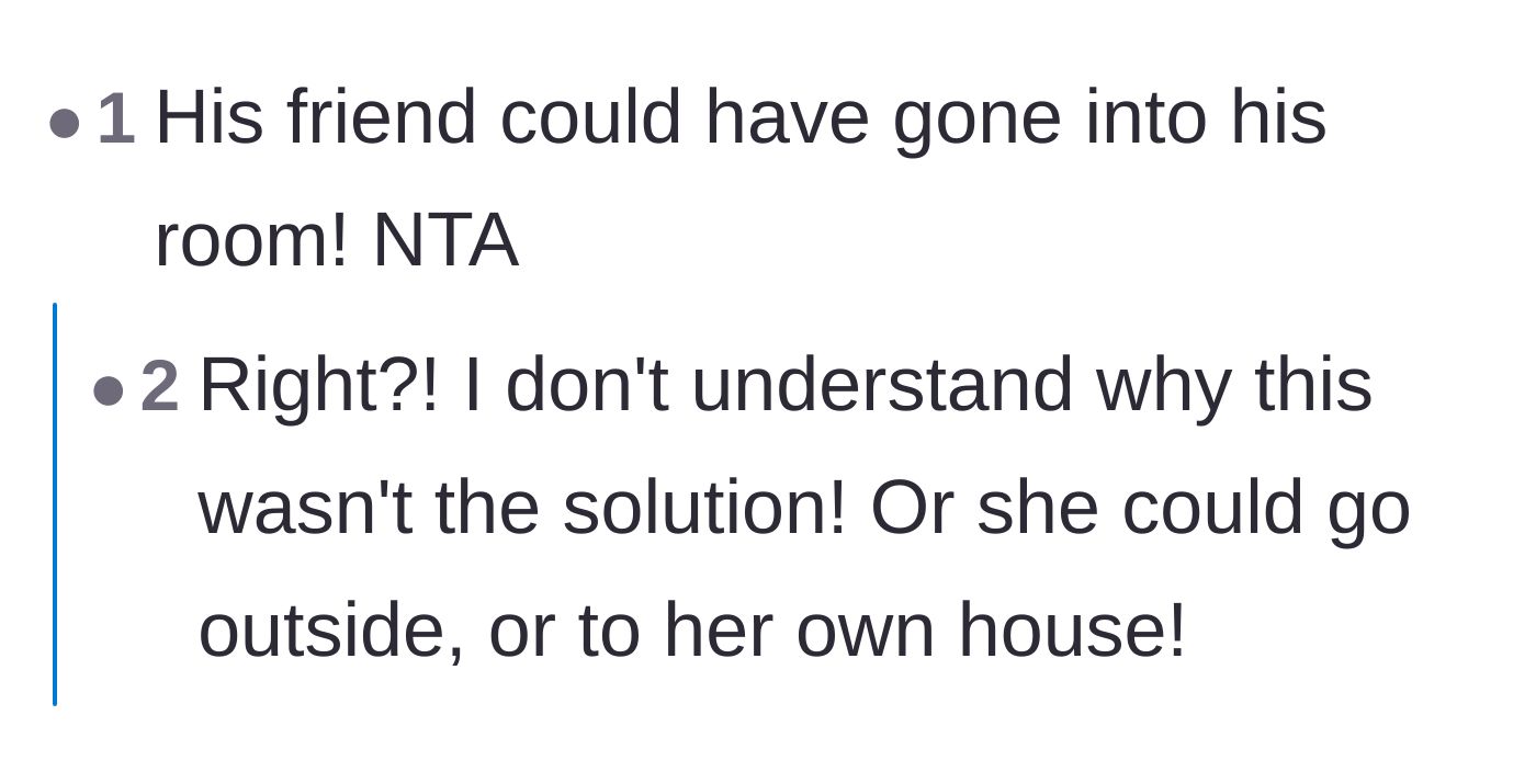 Comment thread 4 - Questioning why the roommate didn't just let the guest use their own bedroom for the call.