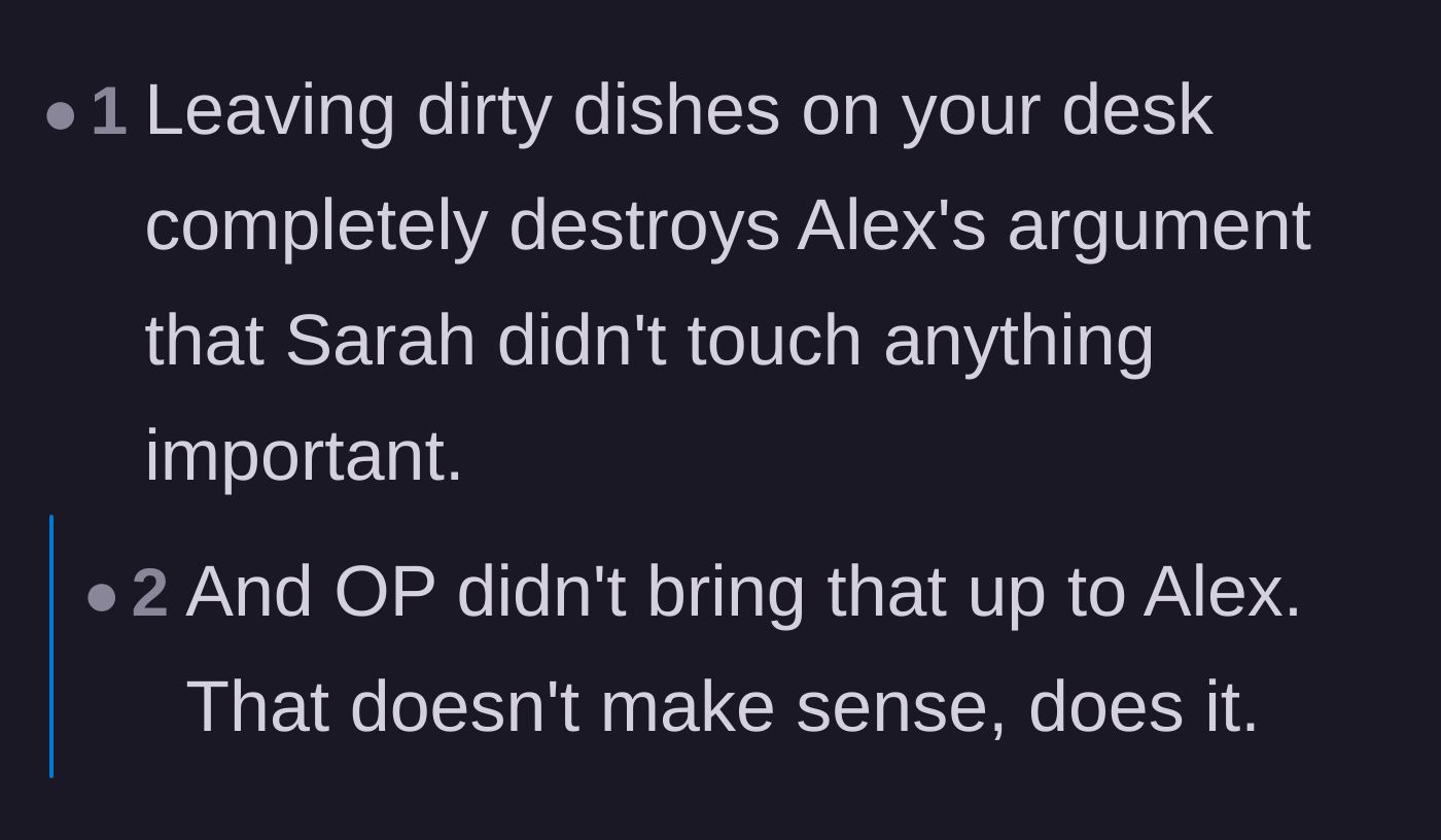 Comment thread 5 - A debate about whether arguing over the dirty dishes distracts from the core issue of the boundary violation.
