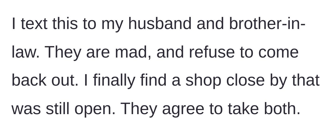 Story part 9 - The narrator texting her husband and brother-in-law the truth, prompting them to refuse further help.
