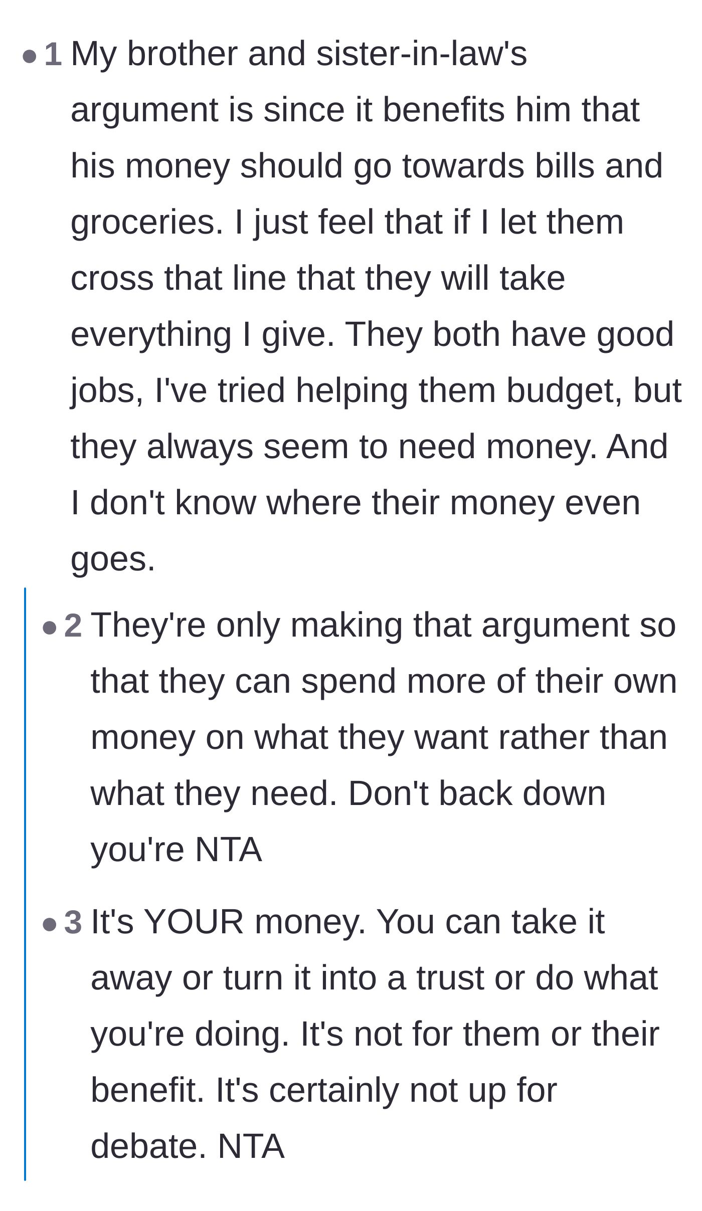 Comment thread 2 - Discussion on how the parents' household argument is just a smokescreen to fund their own wants.